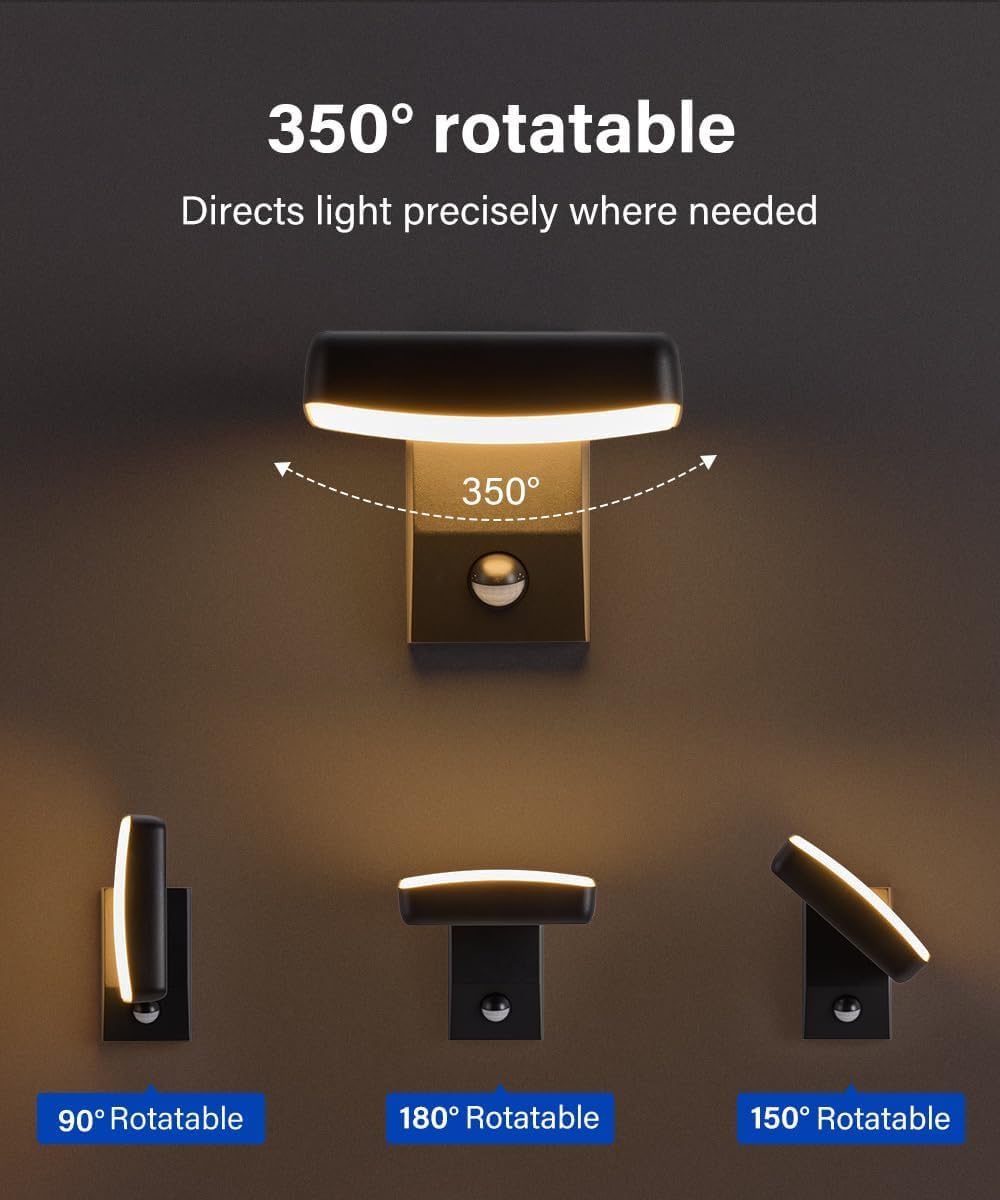 Lampa zewnętrzna 18 W z czujnikiem ruchu, wodoodporny obrotowy panel LED IP65, idealny do ganku, drzwi wejściowych, tarasu lub przedpokoju.