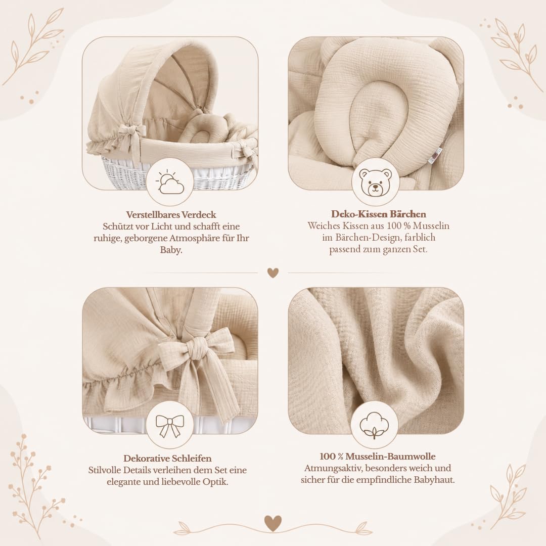 Wiklinopol Baby Bettwäsche Set 5-teilig Musselin Verdeck 110 cm Beige | Stubenwagen Bezug Set, Babybettwäsche aus 100% Baumwolle, Decke 70x80 cm, Kissen 25x30 cm, Spannbettlaken, Einlage Ø 260 cm