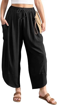 TARSE Womens Linen Harem Pants Casual Loose Drawstring Elastic Waist Summer Beach Travel Vacation with Pockets