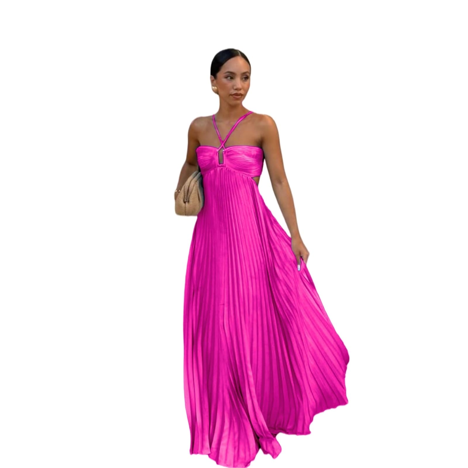 Vestito Donna Piegato Halter Maxi Abito Senza Maniche Schienale Pizzo Fino Elegante Estate Matrimonio Ospite Festa Lungo