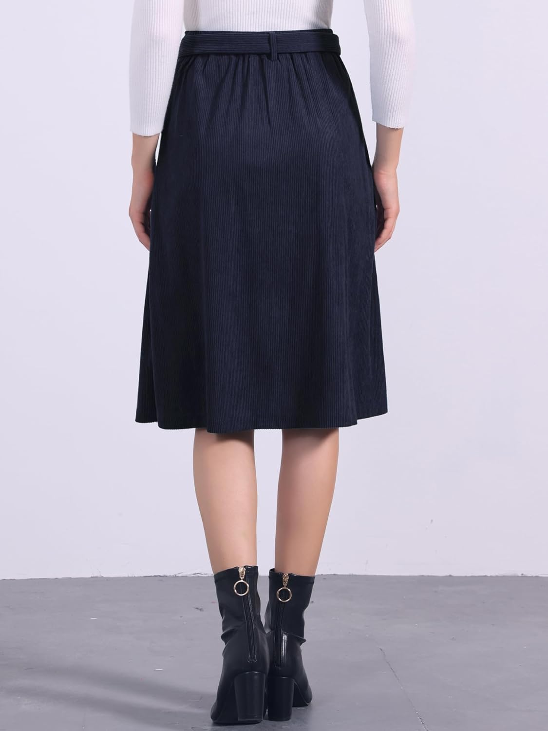 Allegra K Women's High Waist Elastic Back A-Line Belted Winter Fall Midi Corduroy Skirt