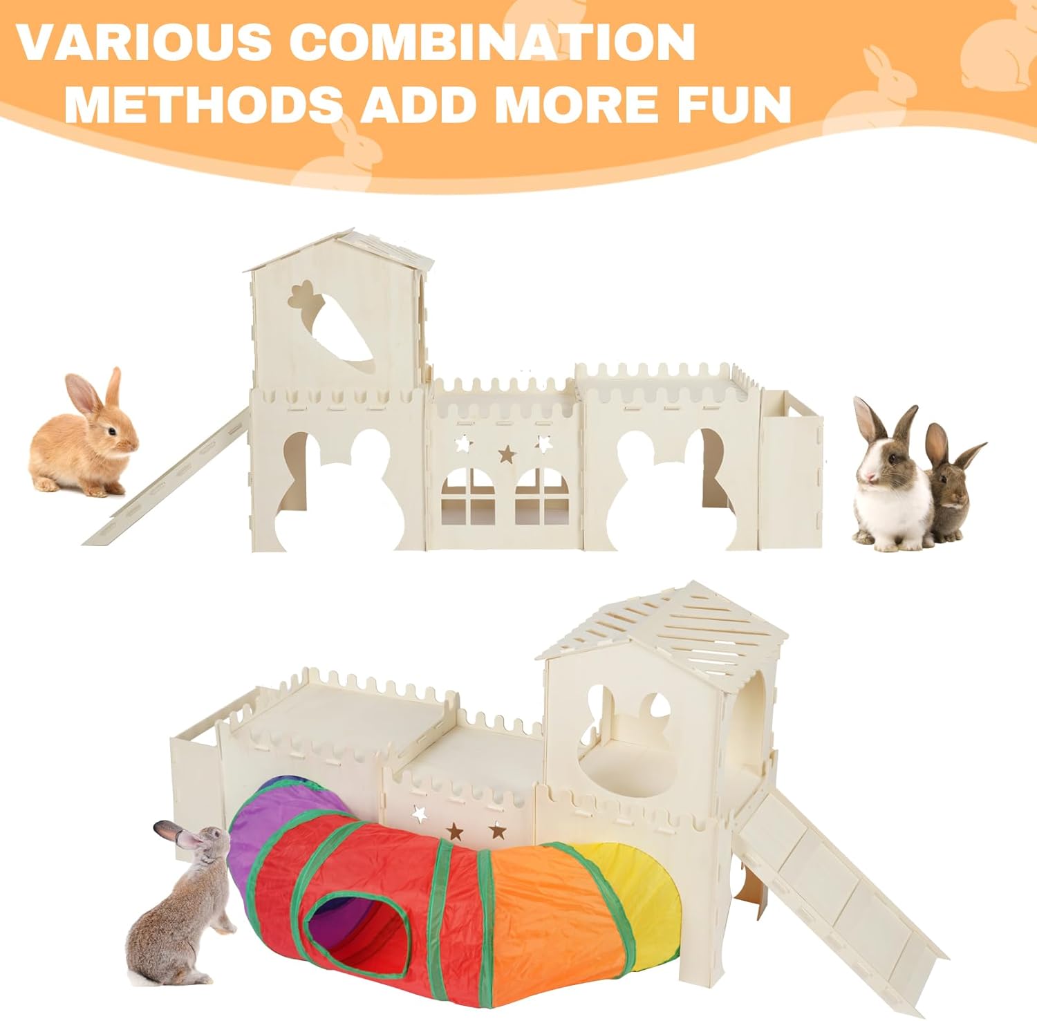 Extra Large Wooden Rabbit Hideout with Tunnels and Hay Feeder - Multistory Bunny Castle with Stairs, Climbing Tower and Sturdy Habitat for Indoor Bunnies, Guinea Pigs, Chinchillas Small Animal