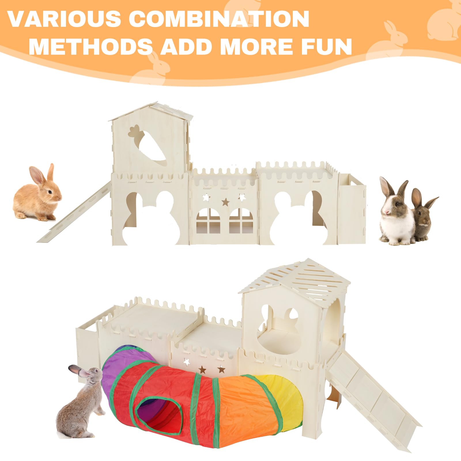 Extra großes Kaninchenversteck aus Holz mit Tunneln und Heufutterstation – mehrstöckiges Hasenschloss mit Treppe, Kletterturm und stabilem Lebensraum für Indoor-Hasen, Meerschweinchen, Chinchillas