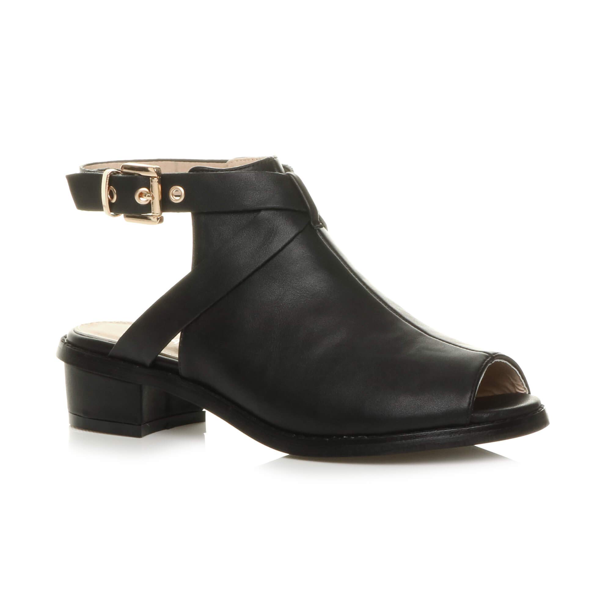 Womens Ladies Low Mid Block Heel Peep Toe Buckle Ankle