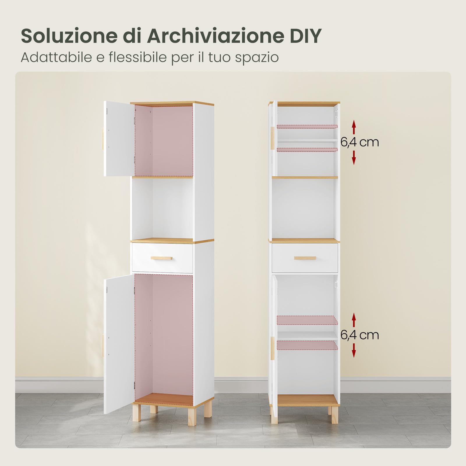 EUGAD Mobile da Bagno Alto e Stretto, Armadio a Colonna da Bagno Salvaspazio in Legno MDF Mobiletto, Mobile Multiuso con 2 Ante, 1 Cassetto e 1 Vano Aperto, Bianco, 40x30x180cm