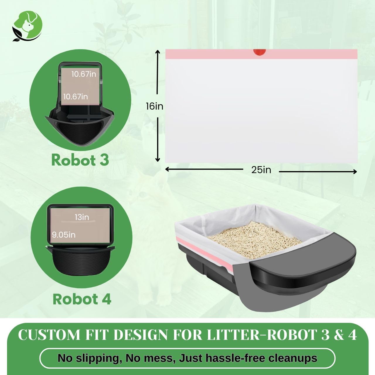 Revestimientos para robot de arena – Compatible con Litter Robot 3/4 – 25 pulgadas x 16 pulgadas – Cierre de cordón – Libre de olores y toxinas – 100% compostable – 40 micras de grosor – Resistente a