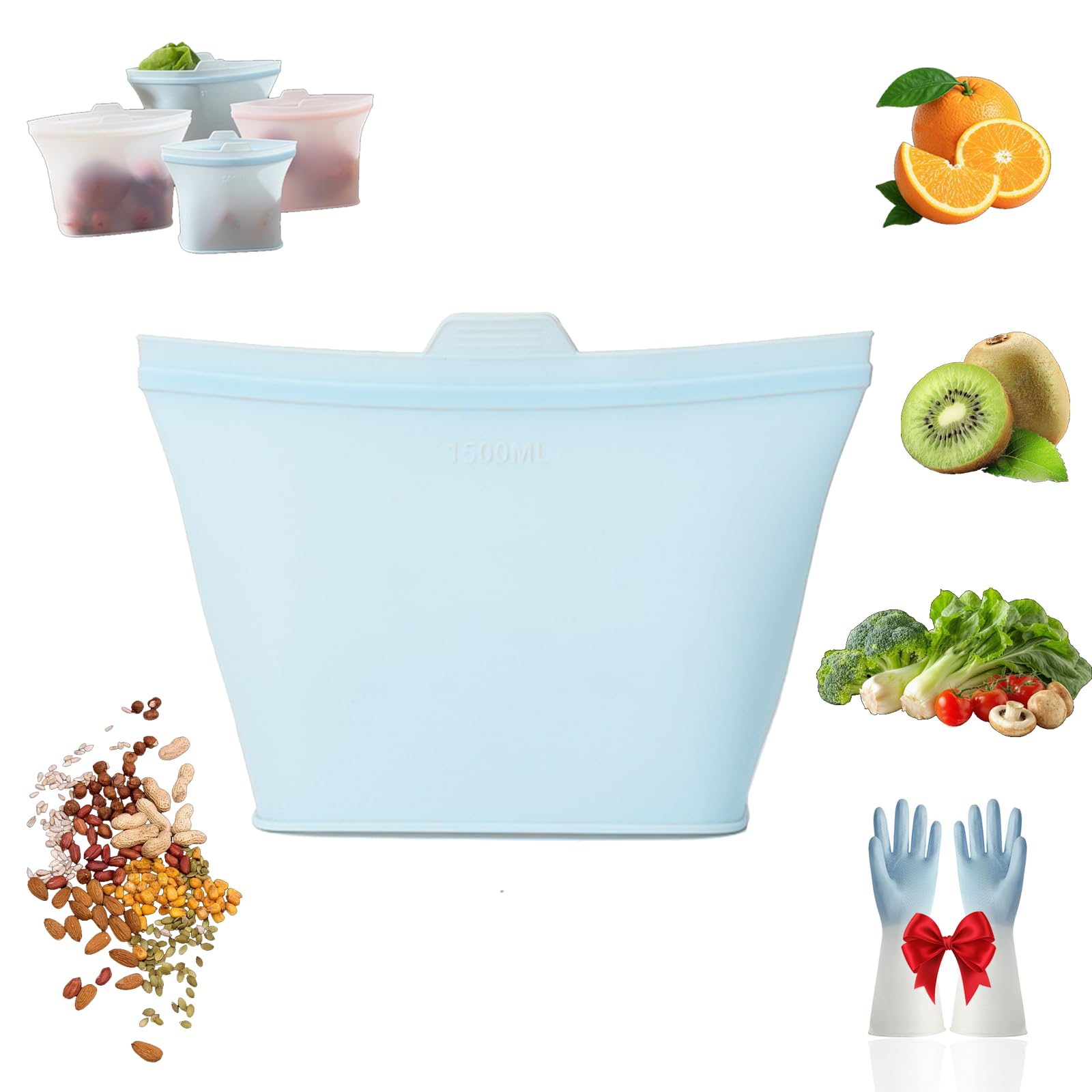Reusable Silicone Food Bags, Leakproof Silicone Freezer Bags (500ml, 1000ml, 1500ml), Stand Up Reusable Food Bags for Meal Prep, Microwave & Freezer for Food Storage (1500ML+C)