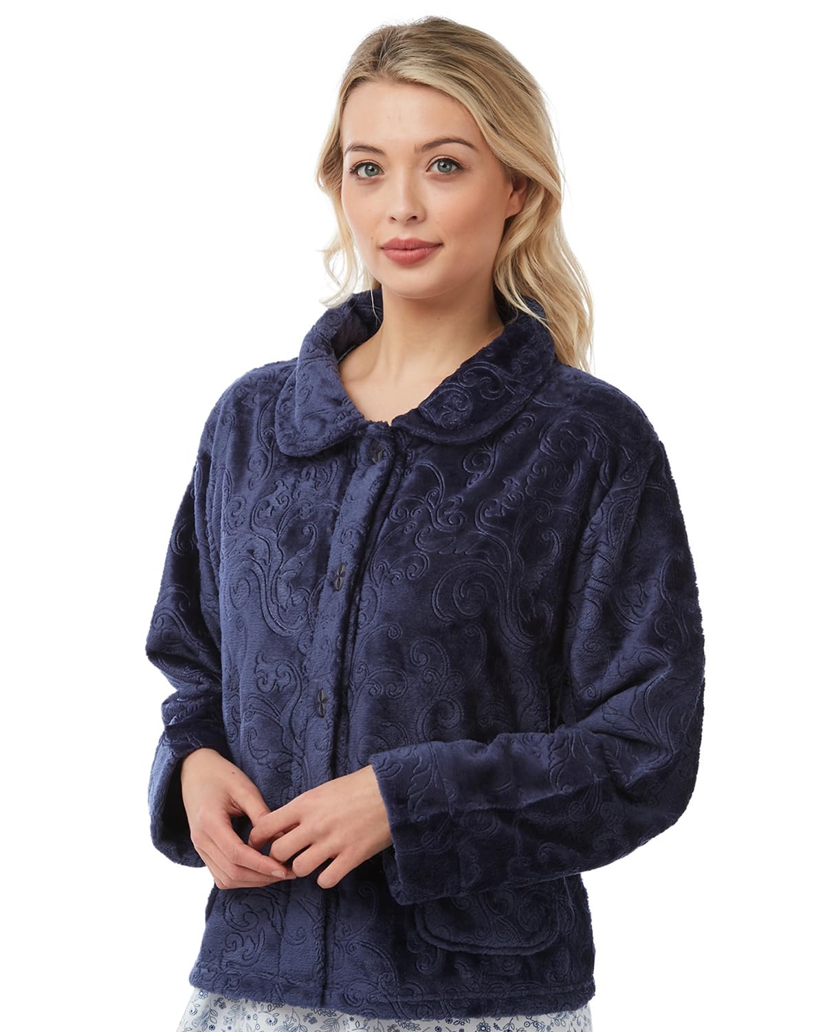 Slumber Hut Ladies Embossed Button Bed Jacket Navy 22-24