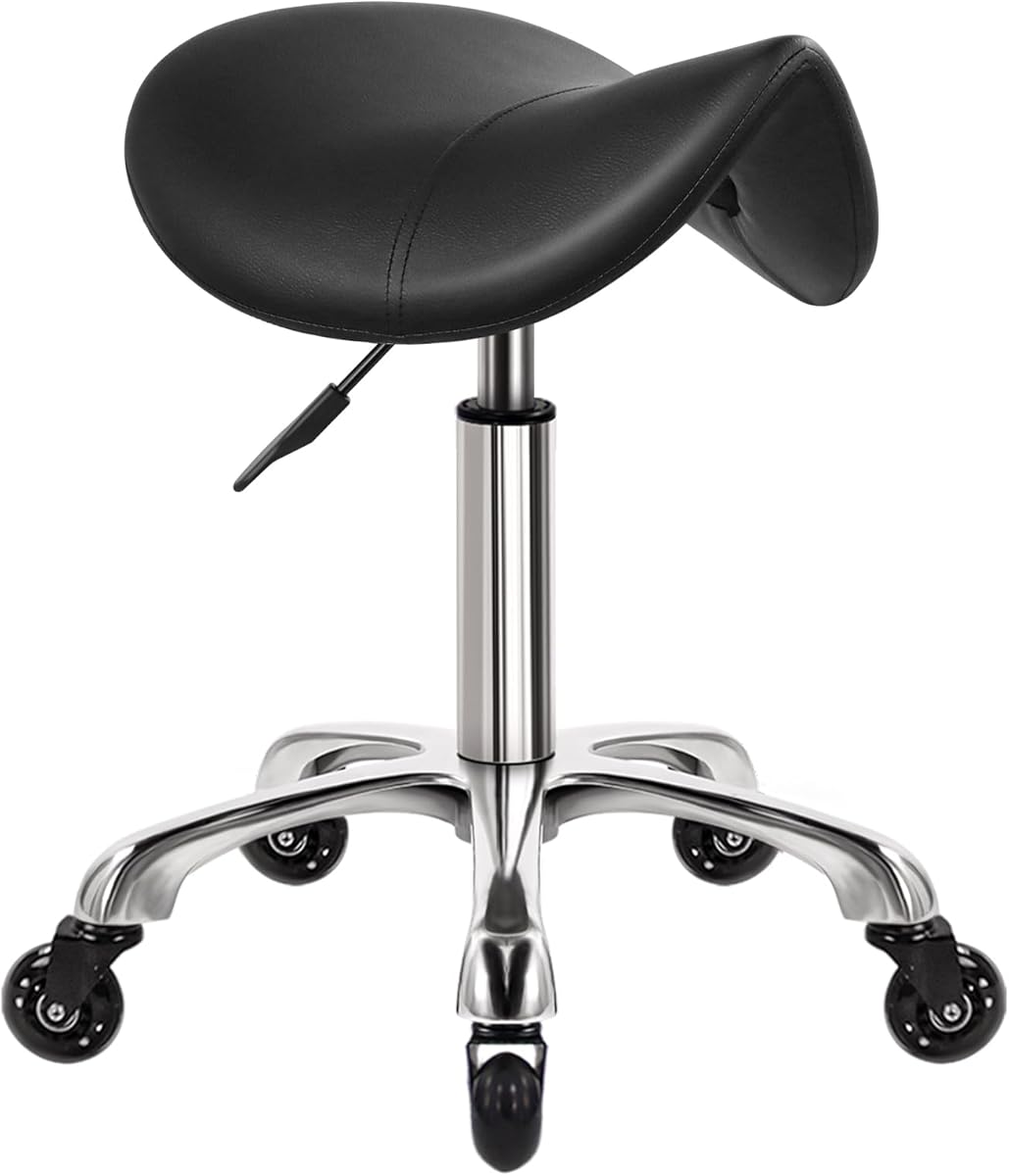 WKWKER Zadelkruk op wielen draaibare verstelbare kruk dikke lederen stoel schoonheid kruk stoel voor keuken kruk opstellen lab kantoor massage kruk zwart