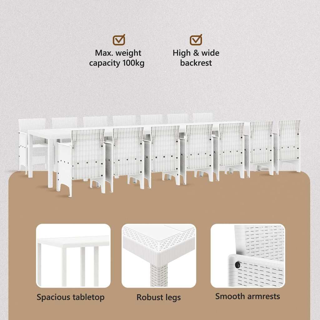 vidaXL Set da Pranzo da Giardino con Cuscini 15 PCS Bianco PP, Set da Pranzo per familiari all'aperto, Rettangolare, arredo Moderno, Chic per Feste in Giardino