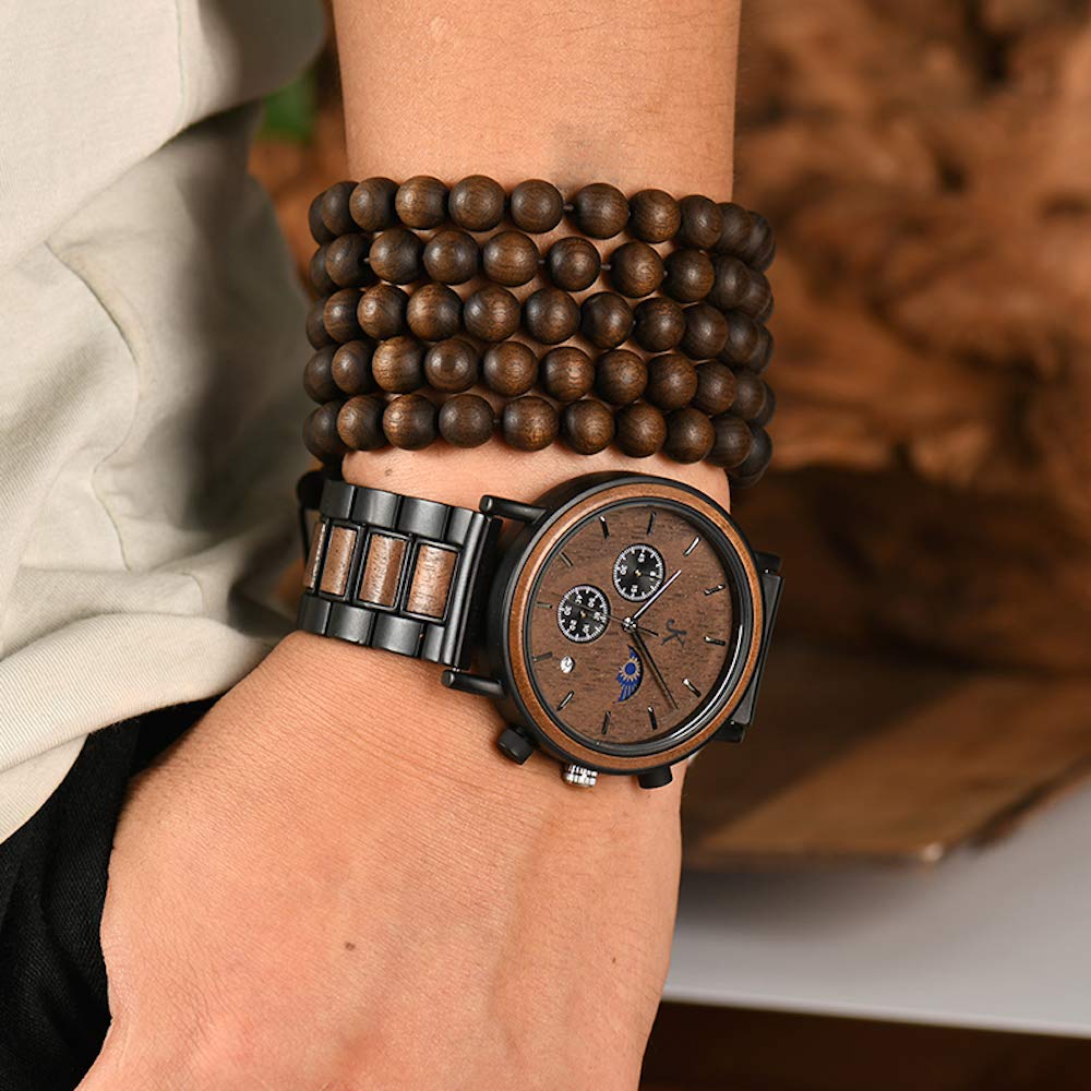 Kim Johanson Orologio da polso da uomo in legno e acciaio inox, Military, marrone scuro, cronografo con display sole e luna, realizzato a mano, orologio analogico al quarzo, con confezione regalo