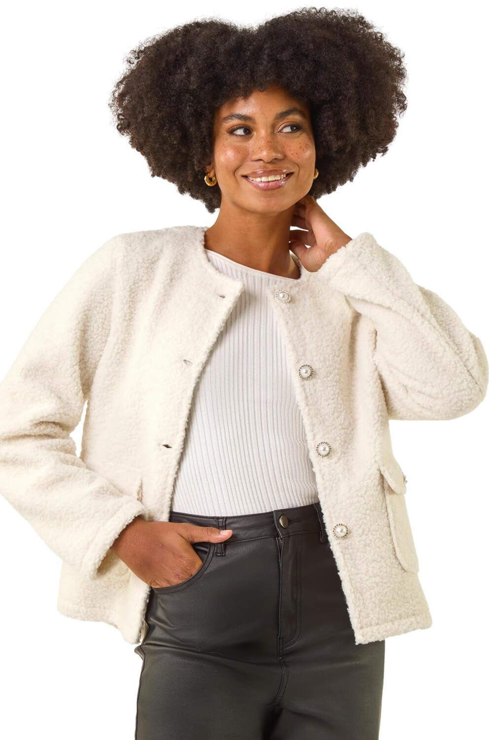 Roman Women's Cosy Boucle Fleece Jacket in Ivory | Size: 14