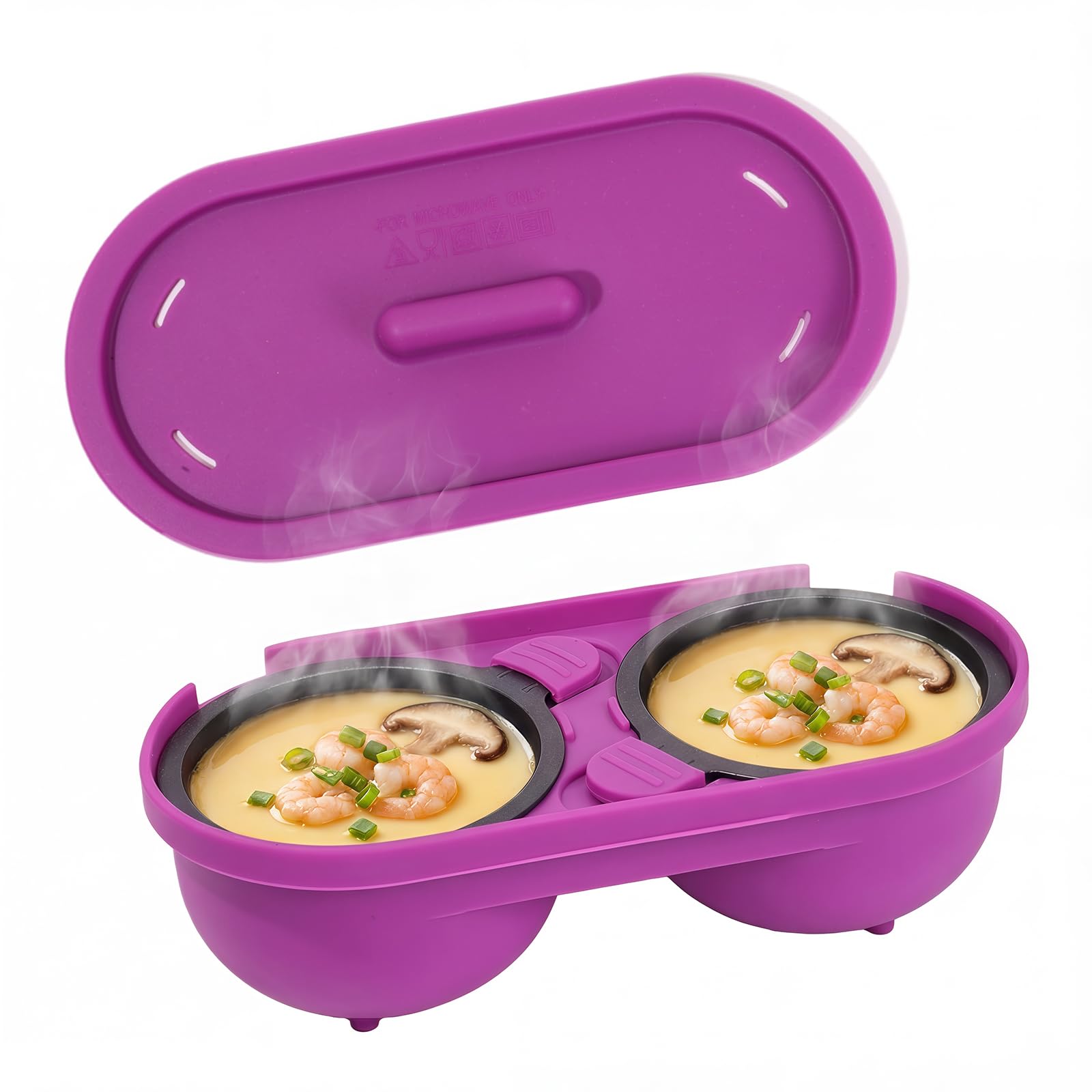 HeMaSe Microwave Egg Poacher, Poached Egg Cooker 2 Cavity Edible Silicone, Non-Stick Dishwasher Safe, Kitchen Cooking Gadget, Purple