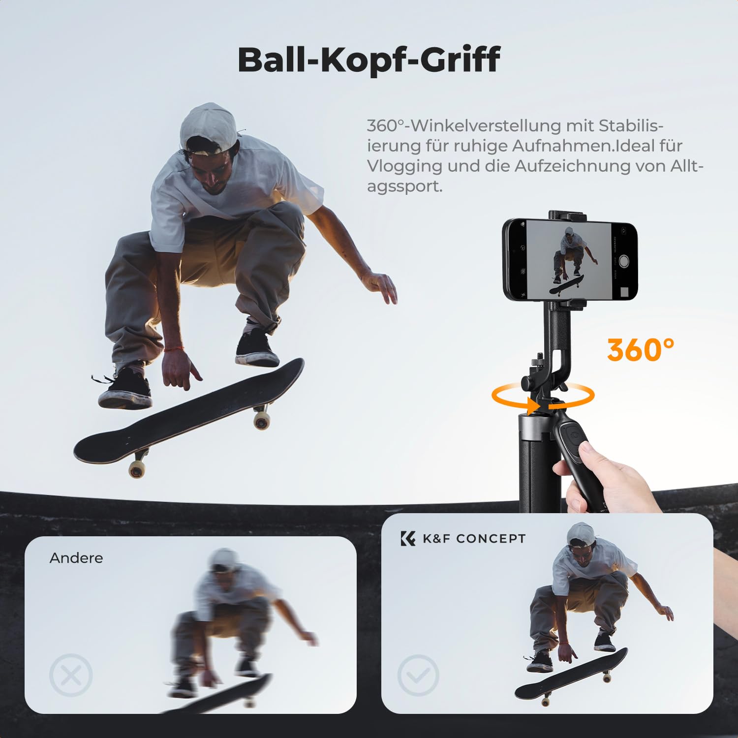 K&F CONCEPT Selfie Stick 180cm Selbstausfahrend, 4 Beine, 360° Griff, 1/4" Gewinde, Kompatibel mit iPhone/Samsung/Android & DJI Osmo Pocket 4/3/GoPro/Insta360