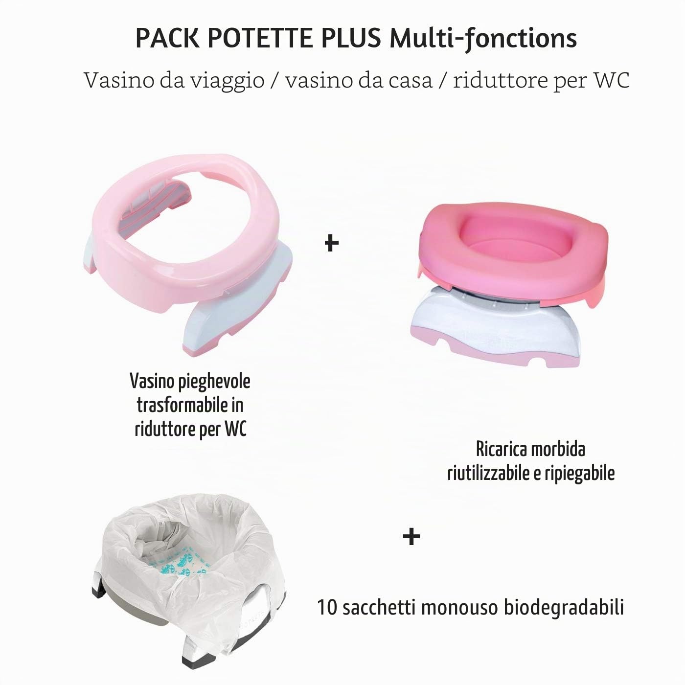 POTETTE PLUS Set di vasetto multifunzionale: vasetto da viaggio, riduttore per WC, vaso da casa grazie alla ricarica morbida e 10 ricariche usa e getta (rosa chiaro)