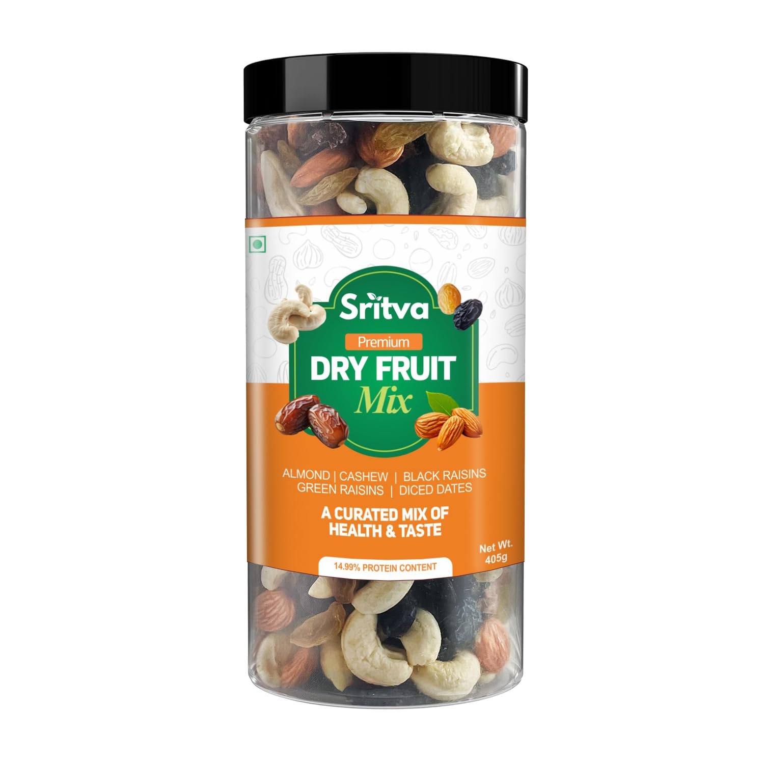 Sritva Premium Dry Fruit Mix | Almonds Cashews Black Raisins Green Raisins Diced Dates | Healthy Energy Snack Rich in Fiber & Nutrients 405g-image-40