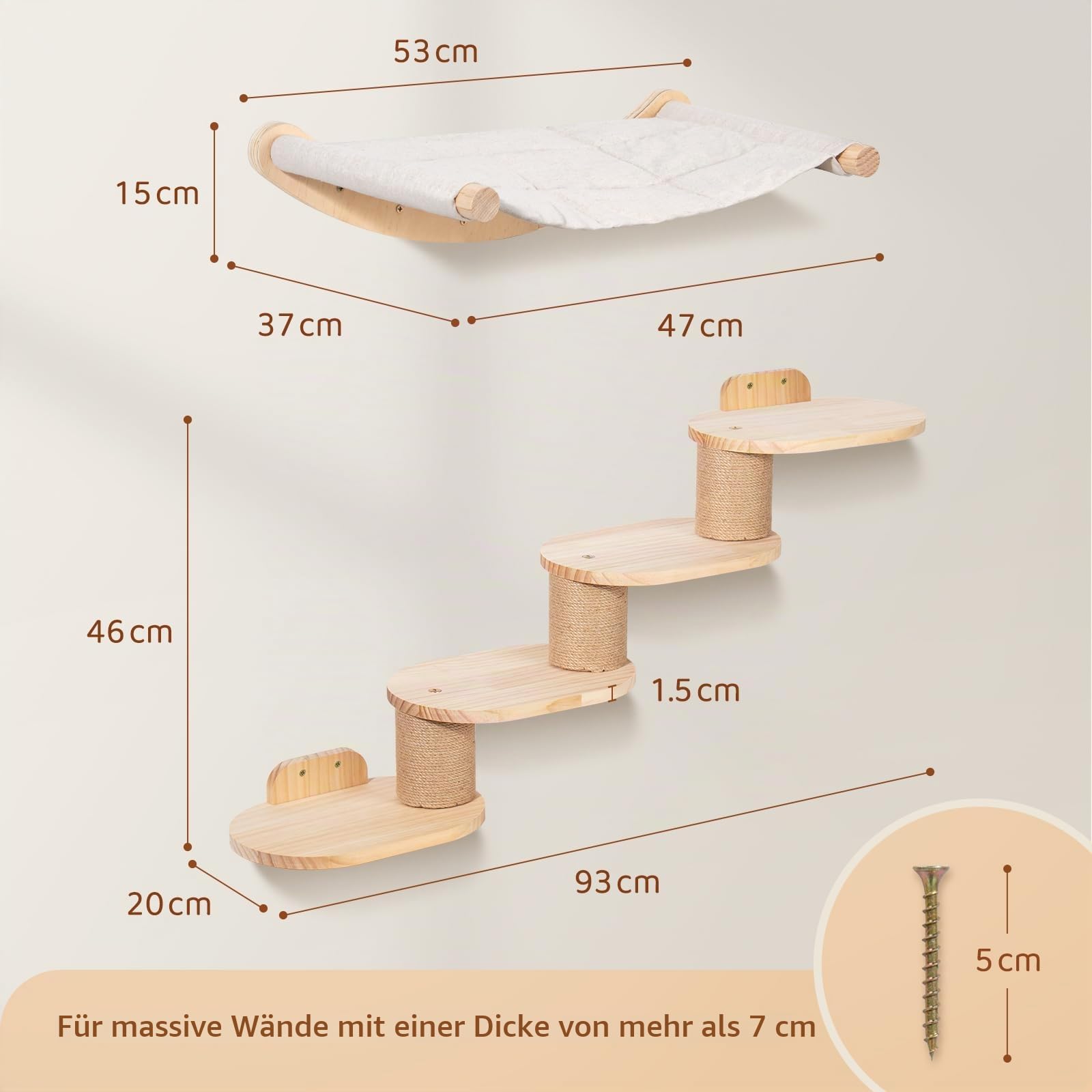 Todeco Katzenwand mit Katzentreppe & Hängematte, 2 in 1 Kratzbaum Wand