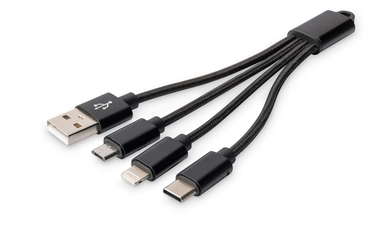 Digitus USB Charging Cable - 0.15 m - USB A (Male) to Lightning (Male), USB Micro B (Male), USB C (Male) - Blister - Black