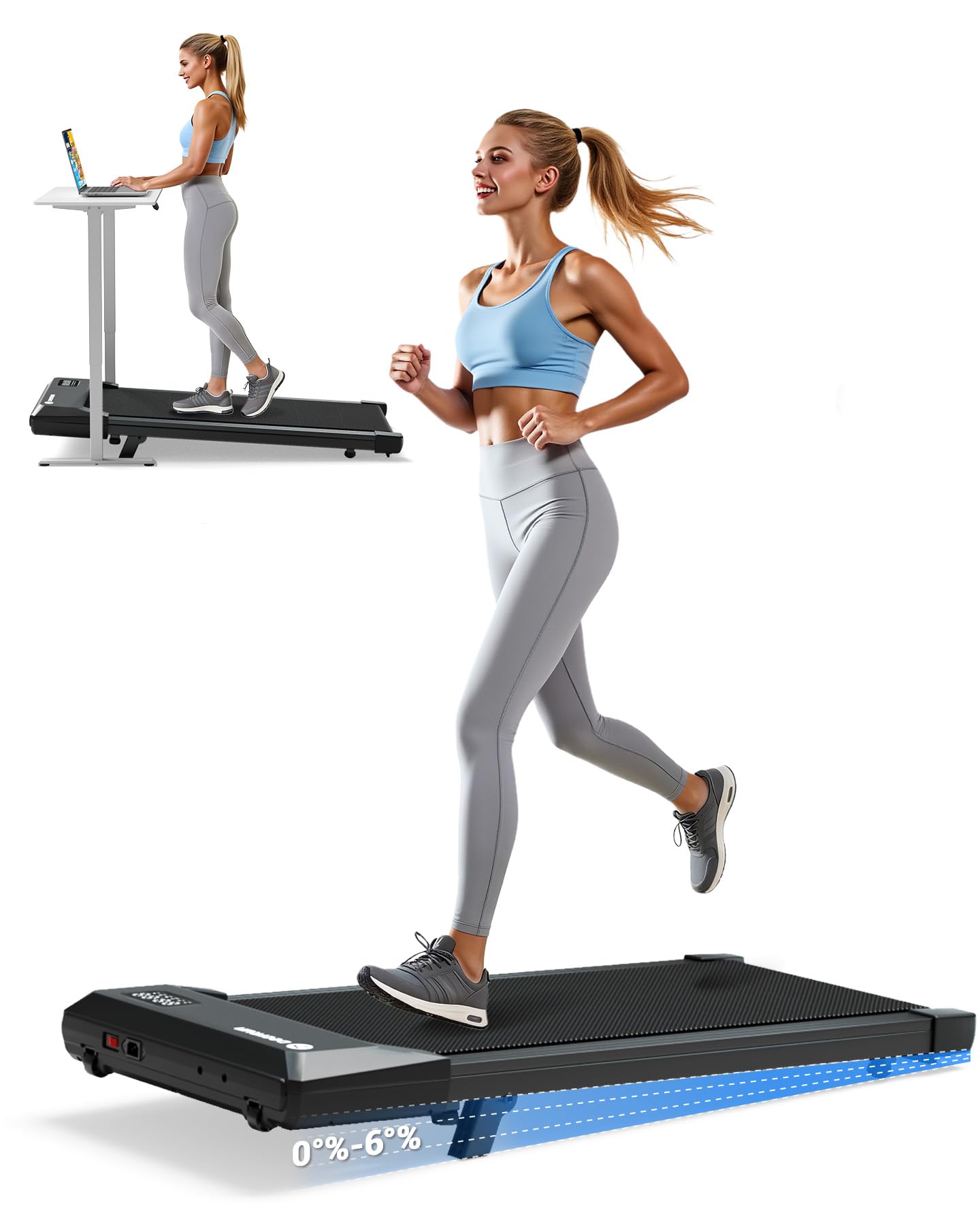 DeerRun Walking Pad Treadmill with 6% Manual Incline,Under Desk Treadmill for Home Office, 2.5 HP Quiet Motor Walking Pad,300 LBS Capacity, LED Display with App & Remote Control