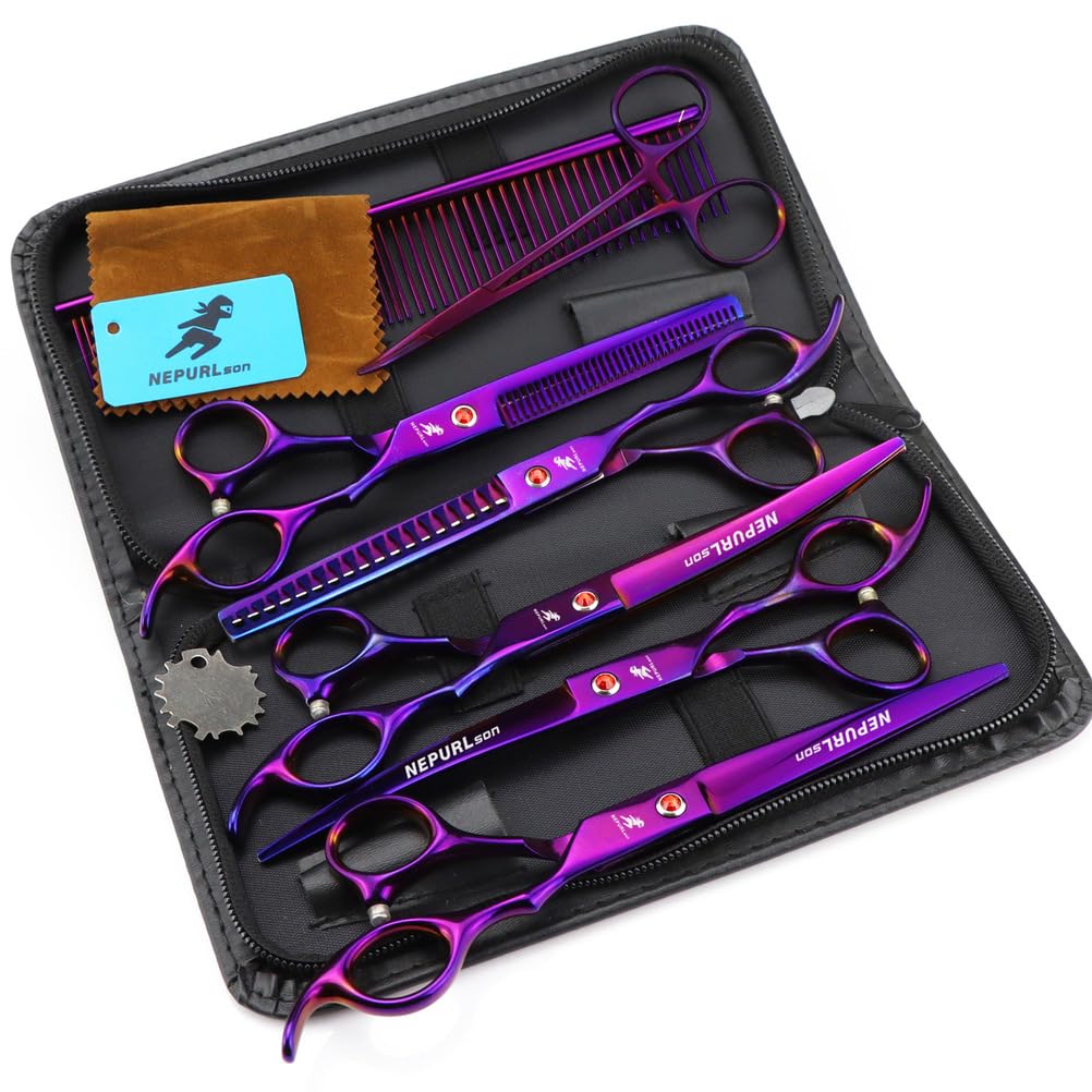 7.0in Color Pet Grooming Scissors Set Straight Curved Thinning Shears Kit with Comb and Case Professional Dog Cat Hair Cutting Tools