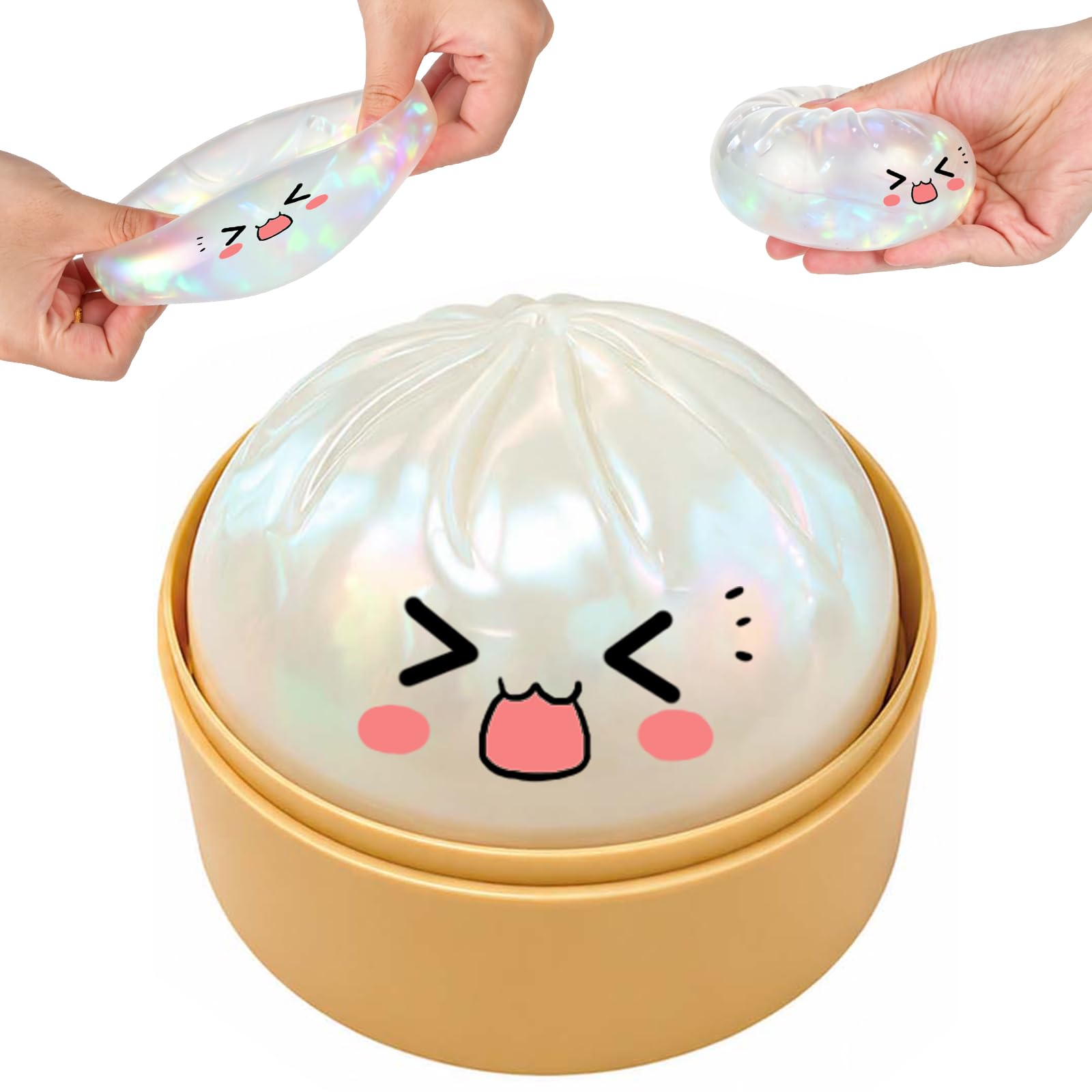 Glitter Squishy Bao Dumpling Mystery, Dumpling Glitter Squishies Ball with Plastic Steamer Box, Giant Mystery Dumplings Squishy, Sensory Stress Balls Squeeze Toy for Kids Adults.