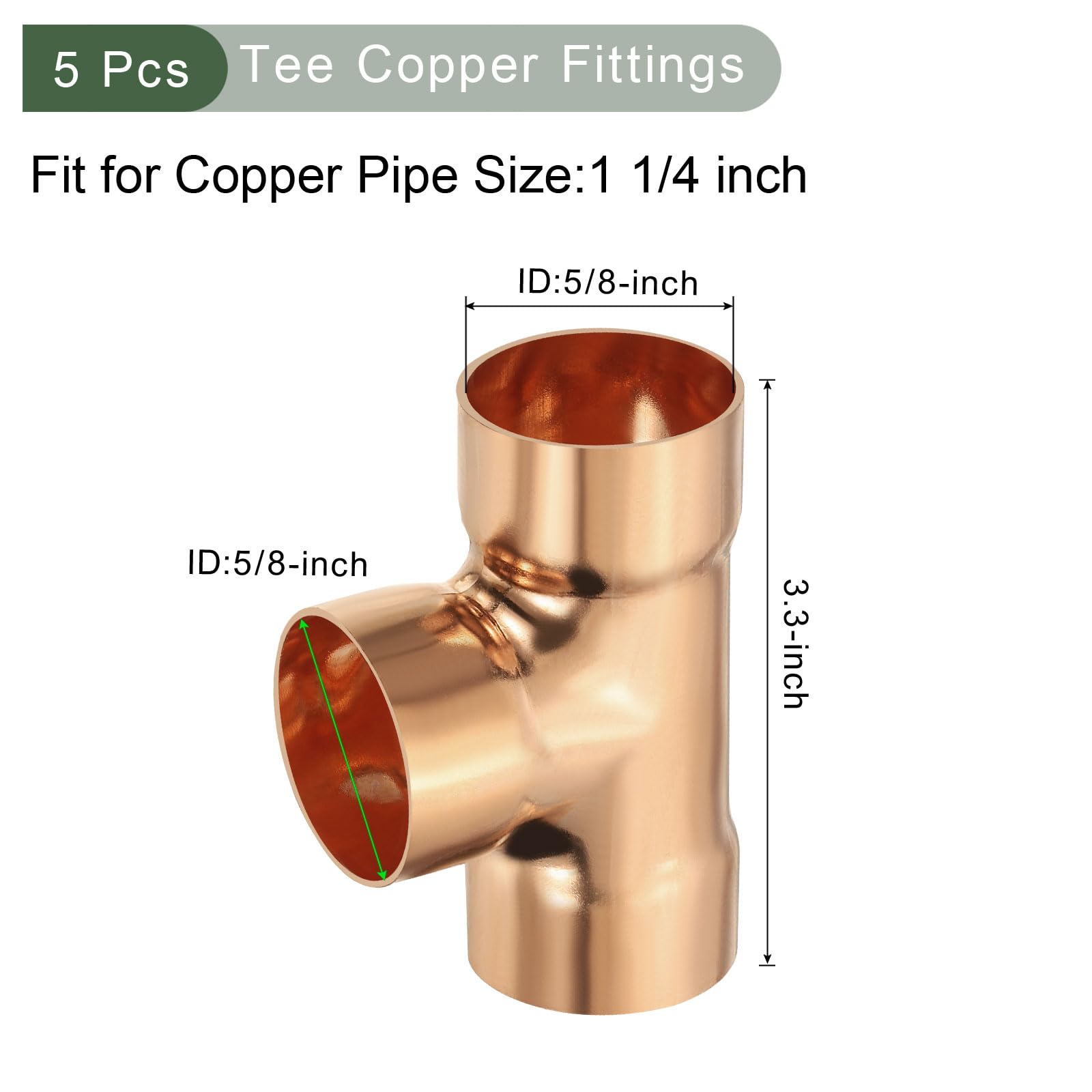 YOKIVE 5 piezas de accesorios en T de cobre, conector de tubería de presión C x C, conexión de tubo de junta de soldadura, ideal para refrigeración HVAC (tamaño nominal de 1 1/4 pulgadas)
