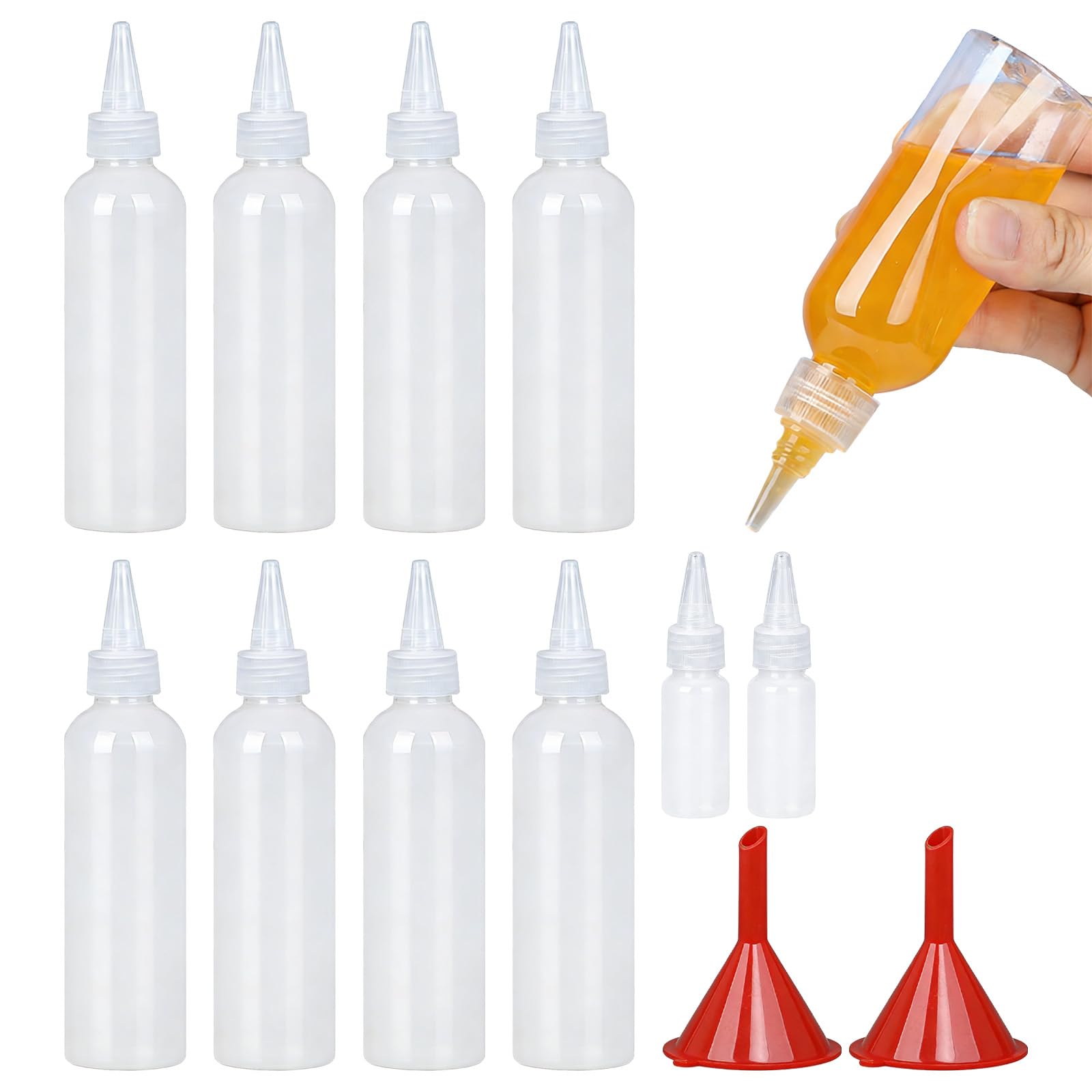 Duzapku 10 Pcs Squeezy Bottles with Nozzles, 200ml Plastic Condiment Bottles with 2 Small Squeeze Bottle & 2 Funnels for Sauce Oil Ketchup Sauce BBQ DIY Crafts