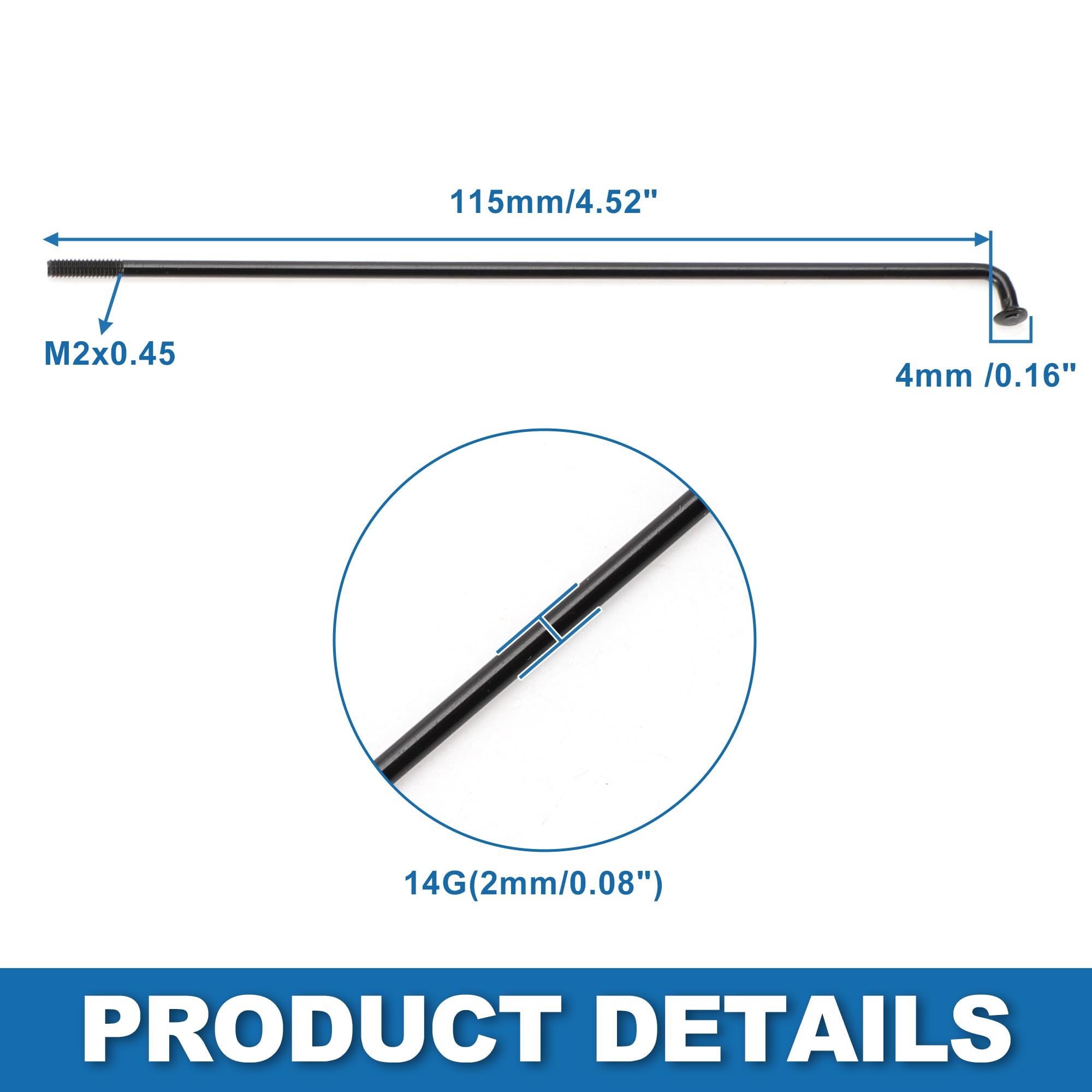 A ABSOPRO Raggi per Bicicletta Nero 36 Pezzi Acciaio 115mm | Acciaio, Nero, Diametro Testa Gomito 4mm, Diametro Albero 2mm, Diametro Filettatura M2x0.45, Nippli Inclusi