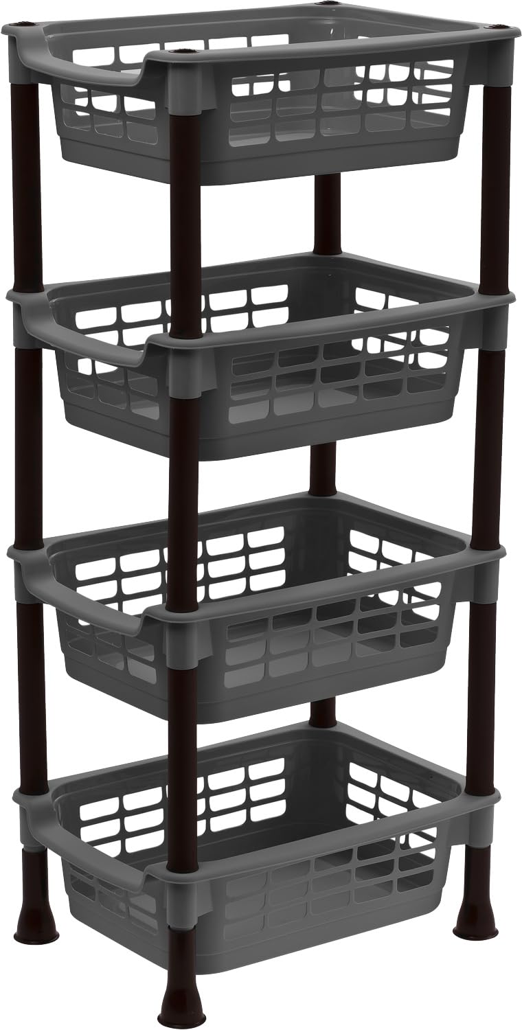 Sterling Ventures Fruits Vegetable Rack Kitchen, Pantry, Bathroom, Garage, Workplace Storage Utility Basket 3 & 4 Tier Plastic Rack Movable Organiser Household Basket (4 Tier S4559 - Grey)