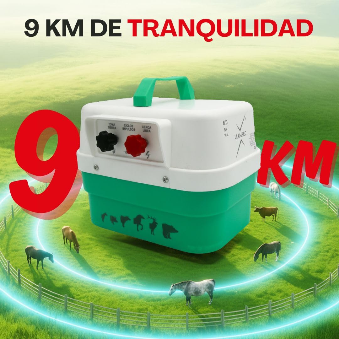 Pastor eléctrico Llampec Mod.23 a pila 9V – 0,76 J, 9.500 V y 9 km de alcance – Especial para perros, caballos y ganado vacuno – Autonomía de 75 días con batería 9V 75Ah no incluida