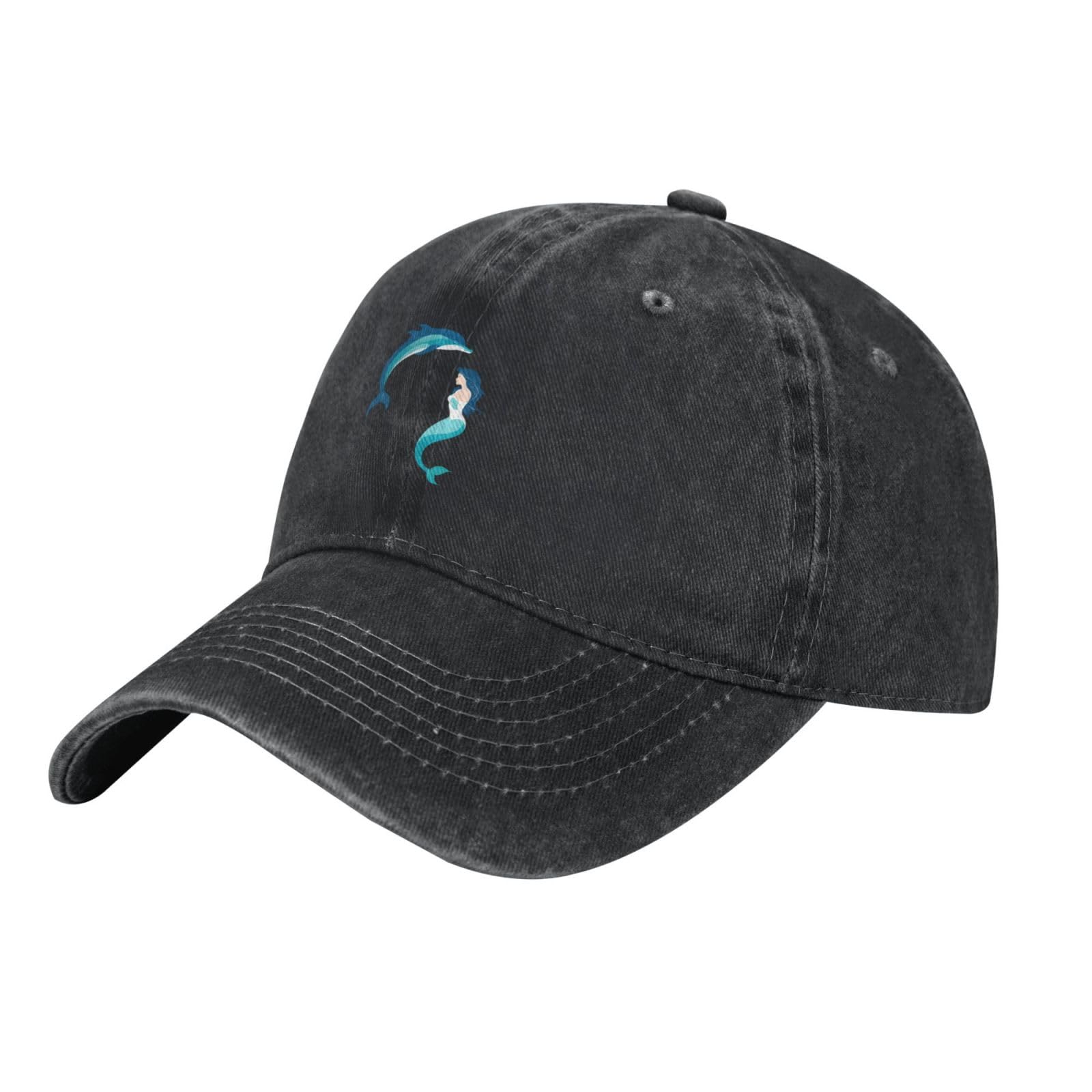 Gpkgsigt Black Dolphins and Mermaids Printing Washed Cowboy Baseball Cap for Adults - Stylish and Breathable Hat, Black, One Size