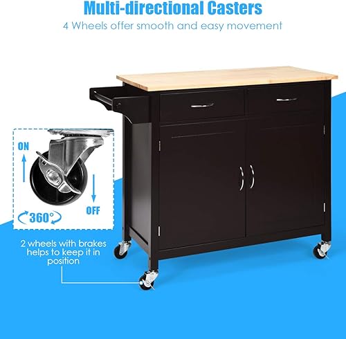 Miniatura 4 de Giantex Isla de cocina, carrito de cocina rodante, encimera de madera, carrito de servicio utilitario con armario de almacenamiento y 2 toalleros