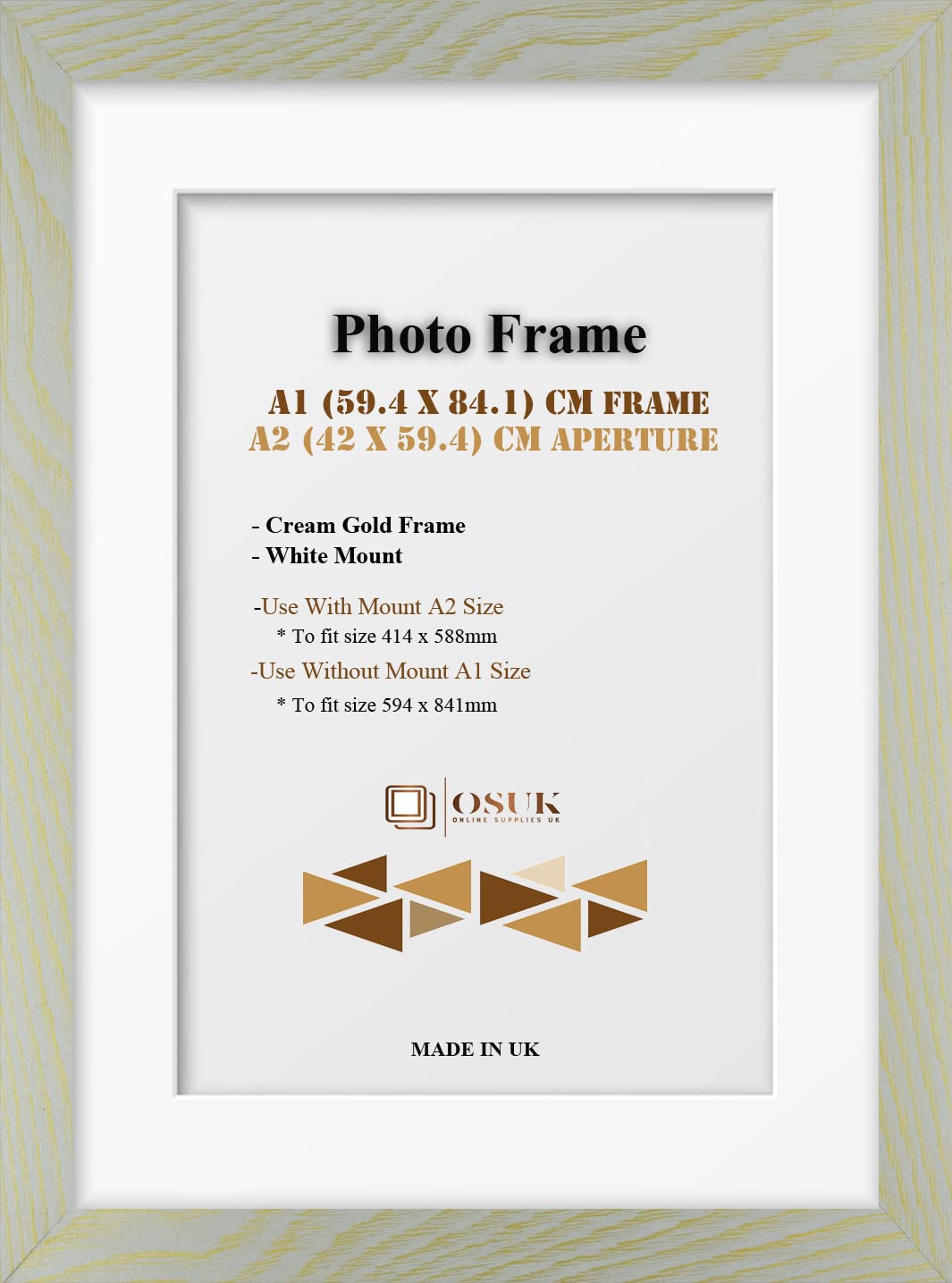 OSUK Cream Gold A1 Frame With A2 Mount - Modern Photo Frame With White Mount - Clear Perspex Front & Wall Mounting Poster Frame - Cream Gold A1 Picture Frame With A2 White Mount