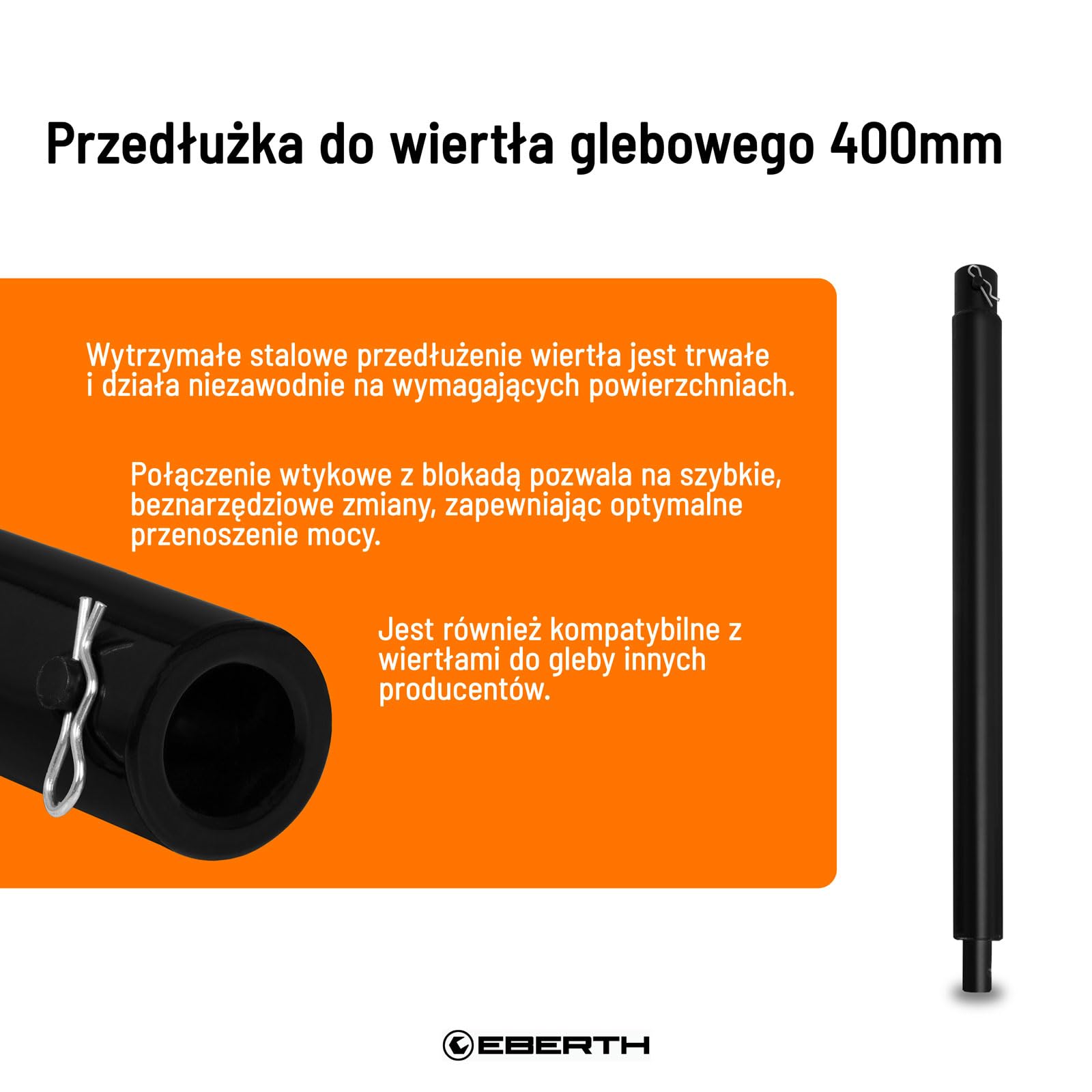 EBERTH Przedłużenie wiertła do wiertnic ziemnych, wierteł ogrodowych, stali, długość 400 mm, średnica mocowania 20 mm, lakierowane na czarno, nierdzewne, połączenie wtykowe z bolcem zabezpieczającym