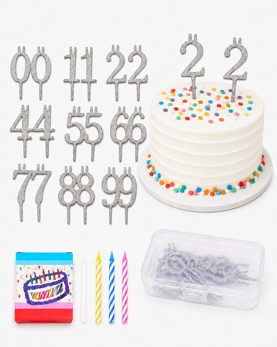 20PCS Birthday Candle Holder Set with Numbers 0-9, Double Silver Metal Number Candle Holders with 24PCS Color Candles, Reusable Cake Topper Decorations Set for Party Cake Supplies