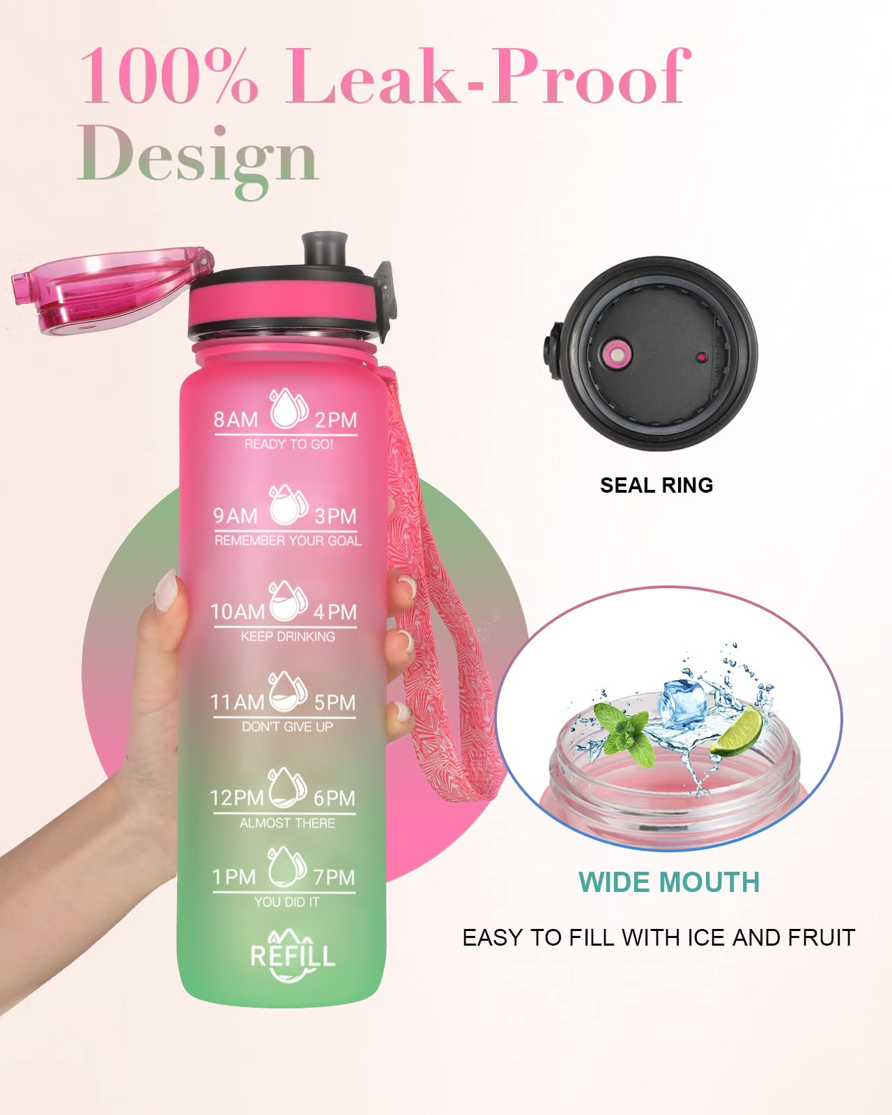 Borraccia 1000ml Con Indicatore Orario E Frasi Motivazionali – Antiperdita, Senza BPA, Per Palestra E Ufficio (Ghiaccio&Cielo)