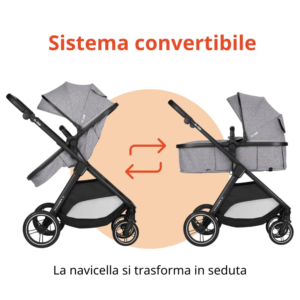 Nurse Wander C Trio Carrito de Bebé 3 en 1, Capazo Convertible en Hamaca y Silla de Coche i-Size, Plegado Compacto, con Accesorios, Gris