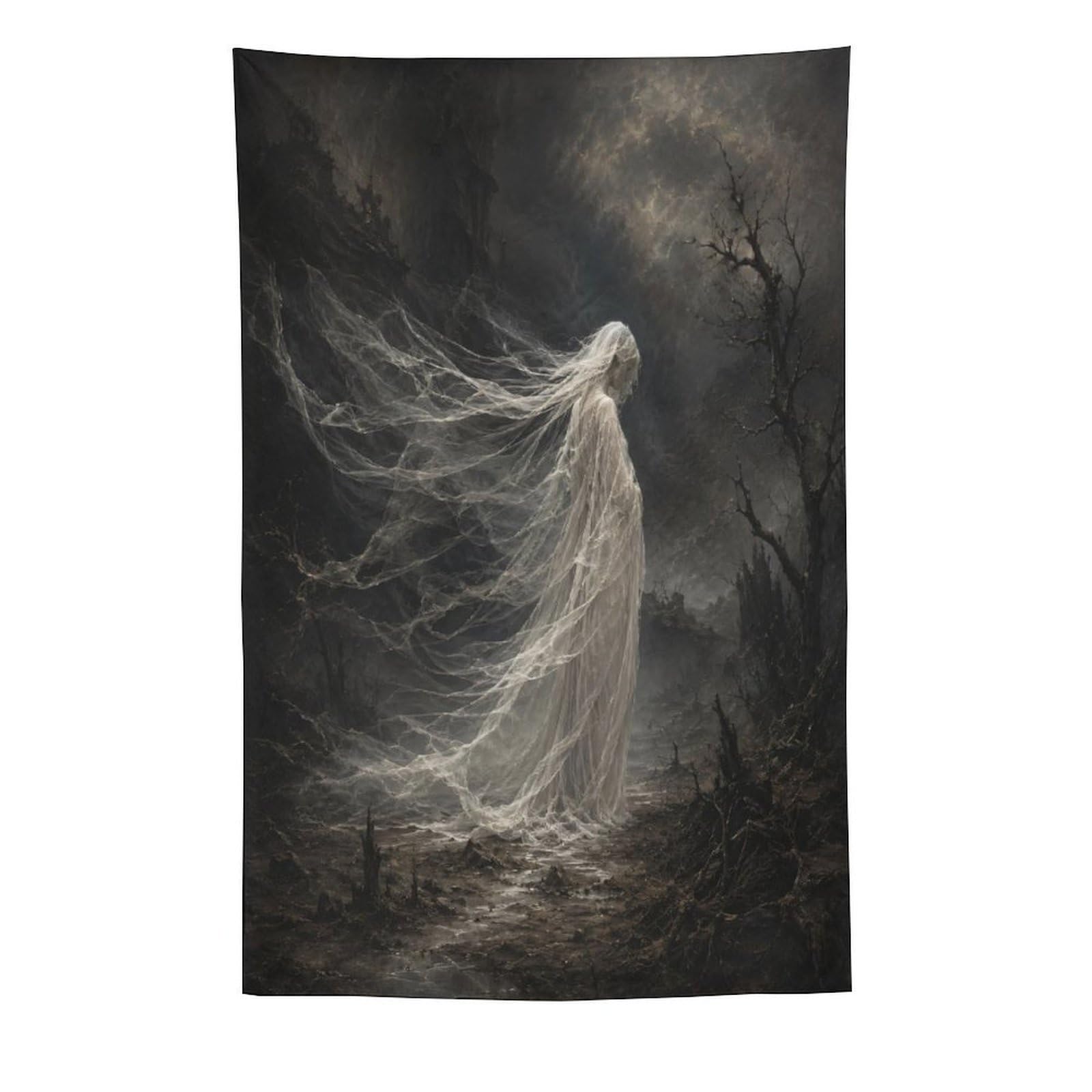 Stormy White Ghost Wall Tapestry, Dark Fantasy Illustration, Office
