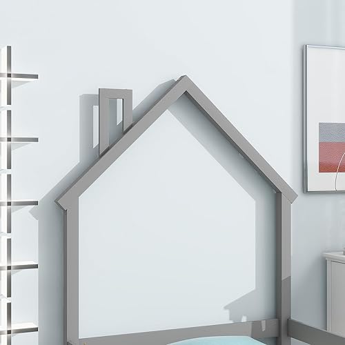 Miniatura 5 de Cama Montessori de tamaño individual con cabecero y valla en forma de casa, marco de cama de madera para niños y niñas, necesita somier, gris