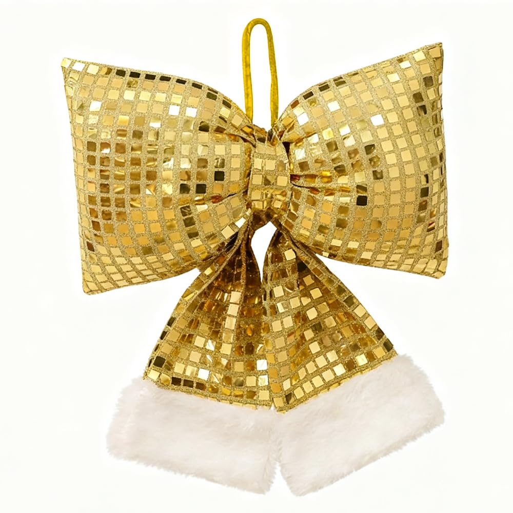 Mioyoow Gold Christmas Tree Topper Bow, Sparkling Sequins Bowknot Decor With Hanging Rope For Home Thanksgiving Party Holiday Decoration