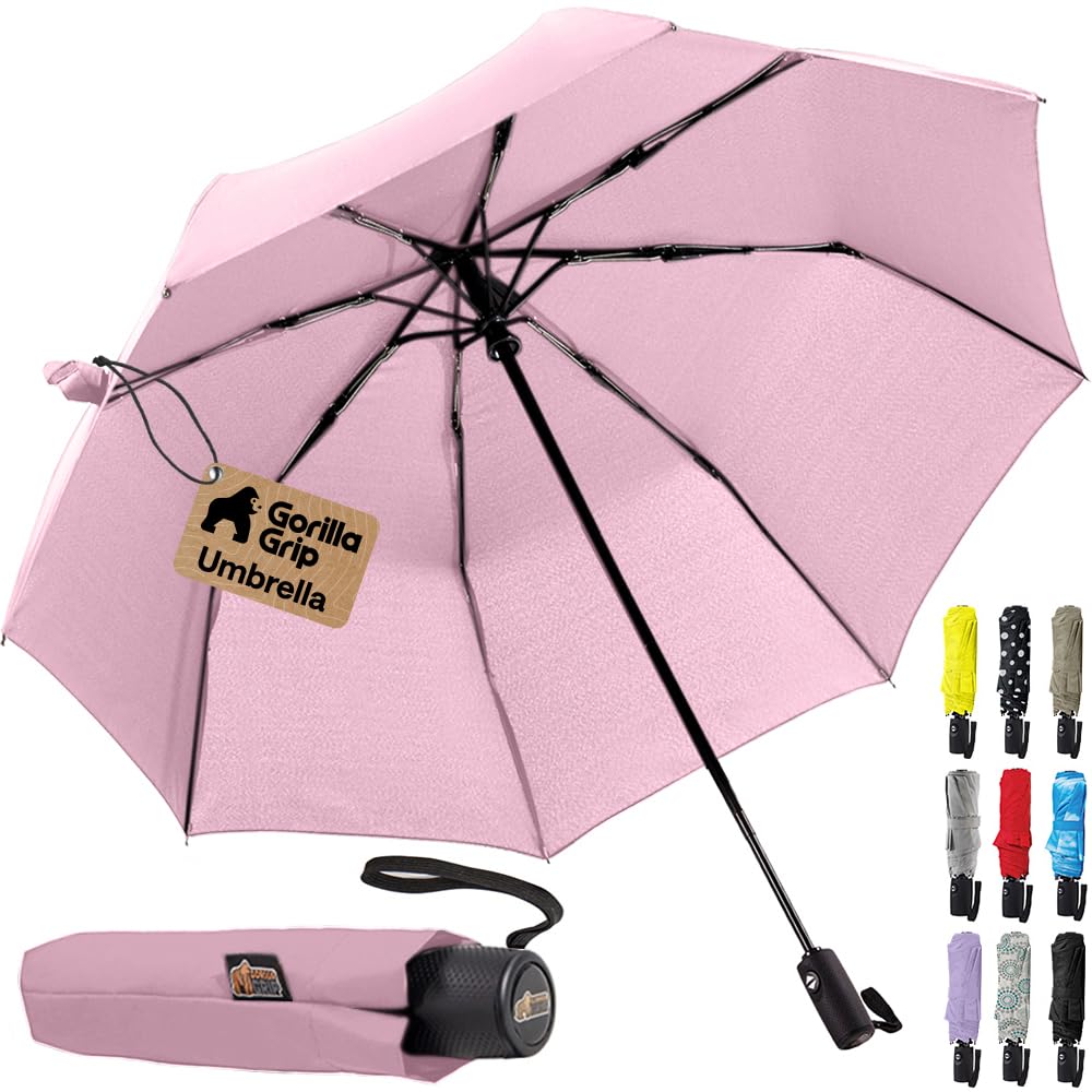 GORILLA GRIP Compact Travel Size Umbrella for Rain, Sleek Design, Pink