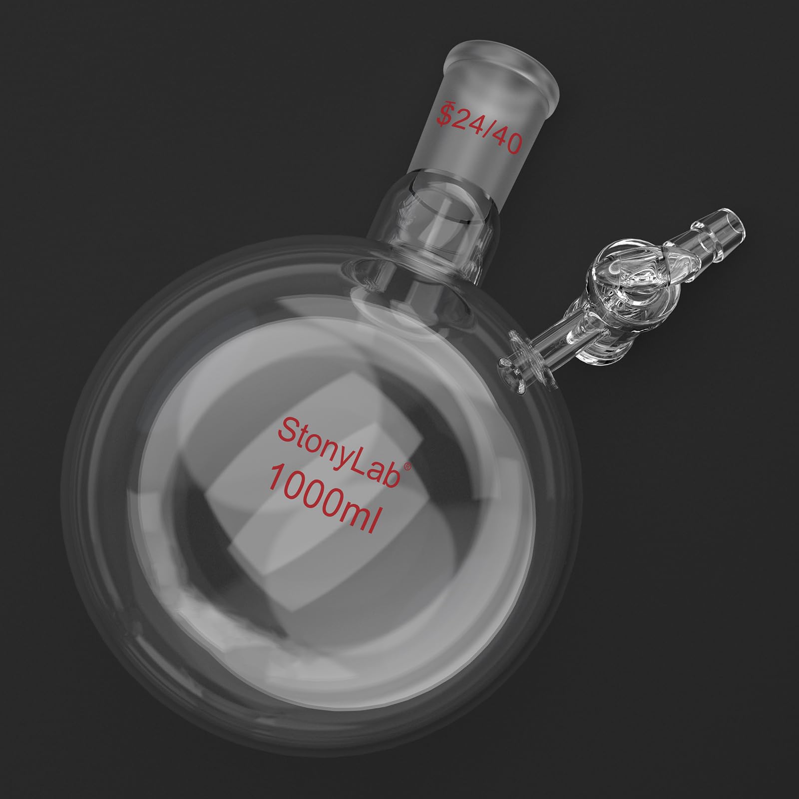 stonylab Matraz de Reacción con Llave de Paso de Vidrio, Conexión 24/40, Matraz de Fondo Redondo de Vidrio Borosilicato de Cuello Único, para Experimentos y Aplicaciones en Laboratorio, 1000 ml