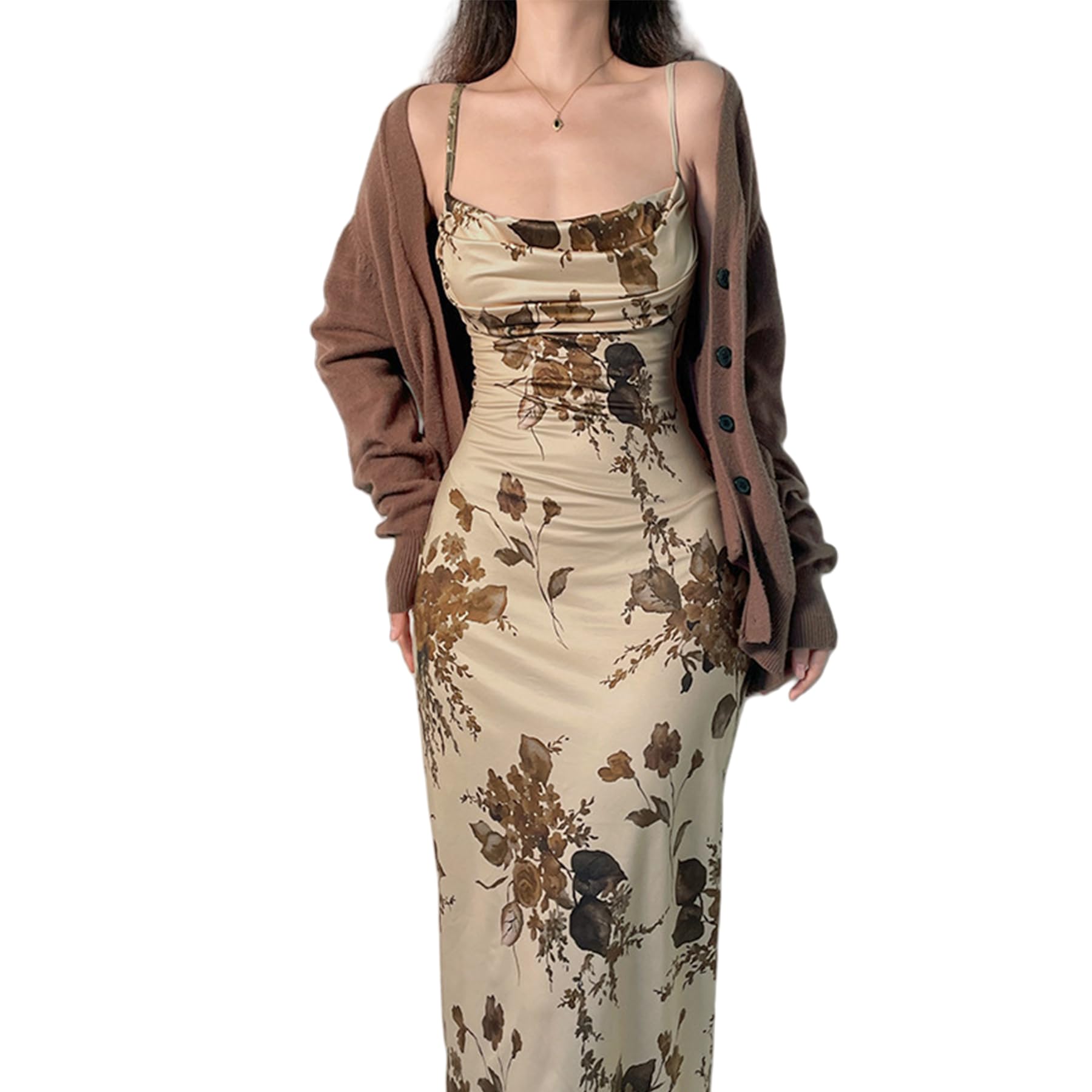 Women Vintage Floral Print Spaghetti Strap Maxi Dress Dark Gothic Sheer Mesh Sleeveless Bodycon Dresses for Party Club