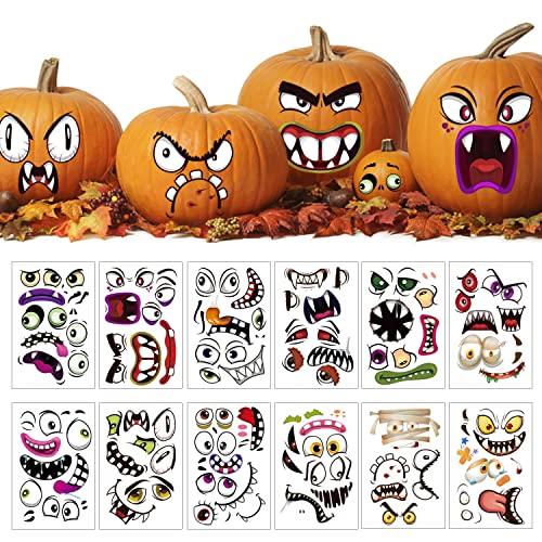Qpout 12 Folhas de autocolantes de decoração de abóbora de Halloween (7,87 * 11,8 polegadas), fazer 37 autocolantes de rosto de abóbora para crianças, truque ou tratamento de Halloween presentes para