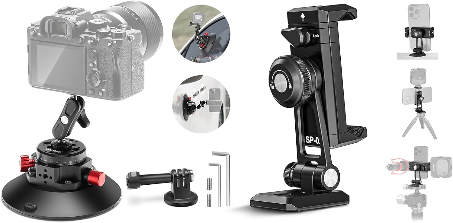 Neewer 6" Camera Suction Mount with Ball Head Magic Arm, Metal Car Mount with Phone Tripod Mount Adapter with Arca QR Base Kit, CA013 + SP-02