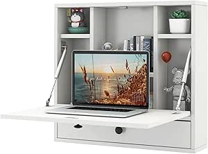 Tangkula Wall Mounted Desk, Folding Wall Table Floating Desk Wall Mount Laptop Desk, Space Saving Wall Mounted Table Wall Desk with Storage Drawer &amp; Shelves (White)