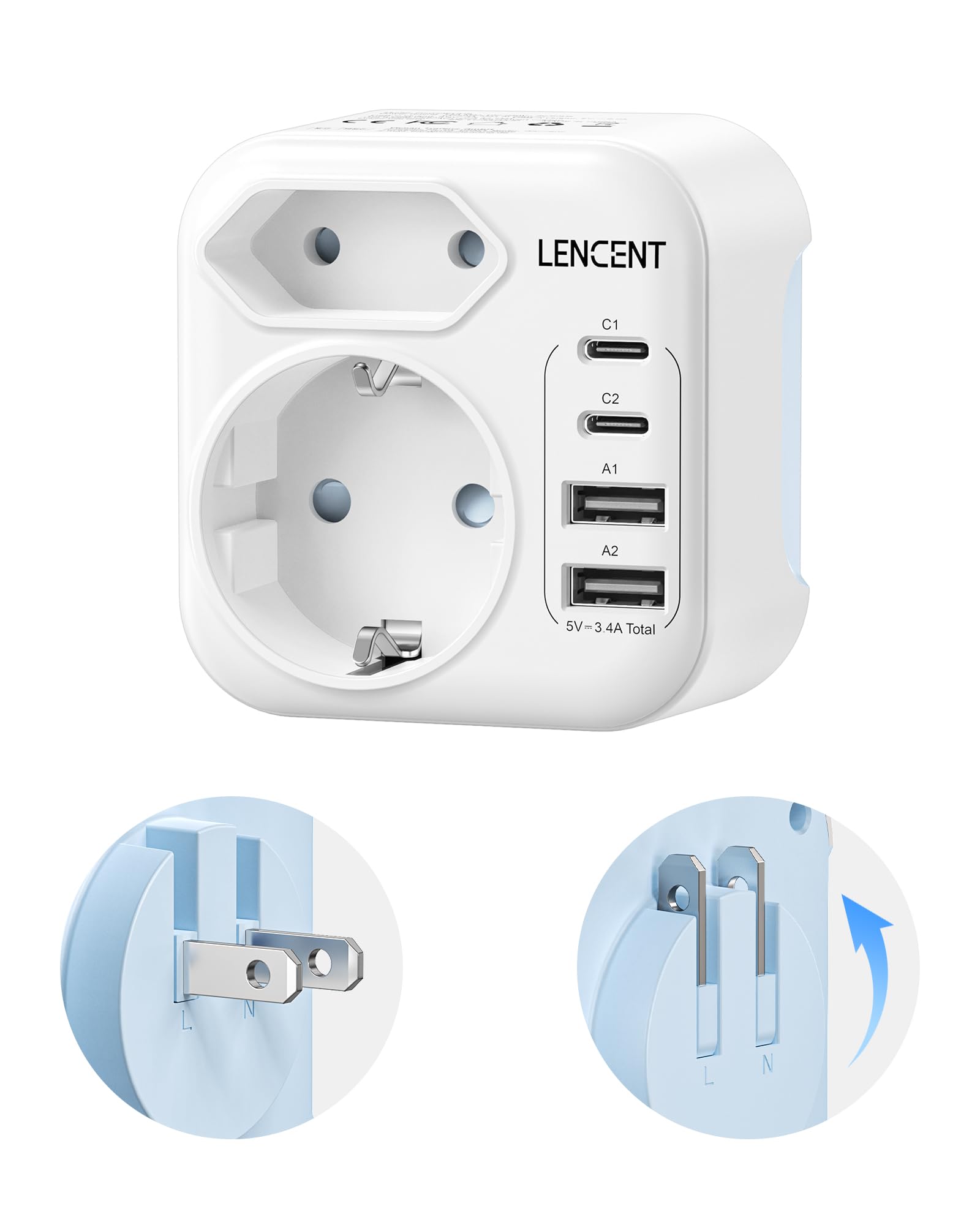 LENCENT Reiseadapter Stecker, Klappbarer Reisestecker mit 2 USB-C&2 USB-A Anschlüße