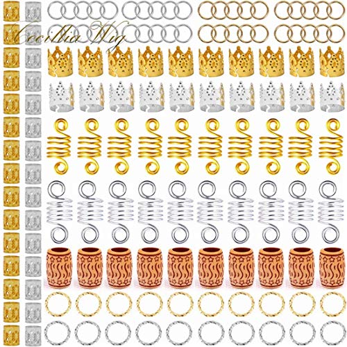 Beautywin 140 Pieces Aluminum Hair Coil Dreadlocks Beads Hair Cuffs Hair Braids Clips Hair Decoration Wooden Braid Jewelry for Braids Accessories
