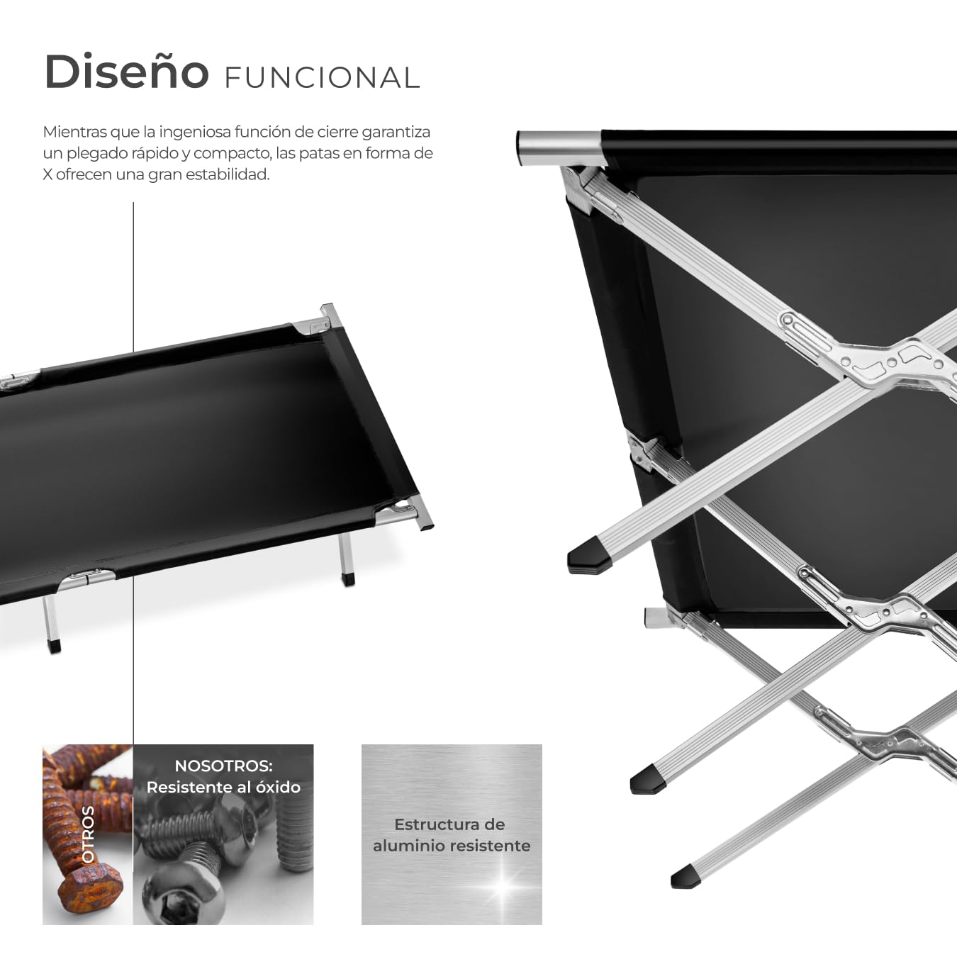 tectake® Cama Plegable con Estructura de Aluminio, Ideal para Acampada y Playa, Tumbona Plegable con Colchoneta, Ligera y Estable, Incluye Bolsa de Transporte, Accesorios Camping - Set de 1 Negro
