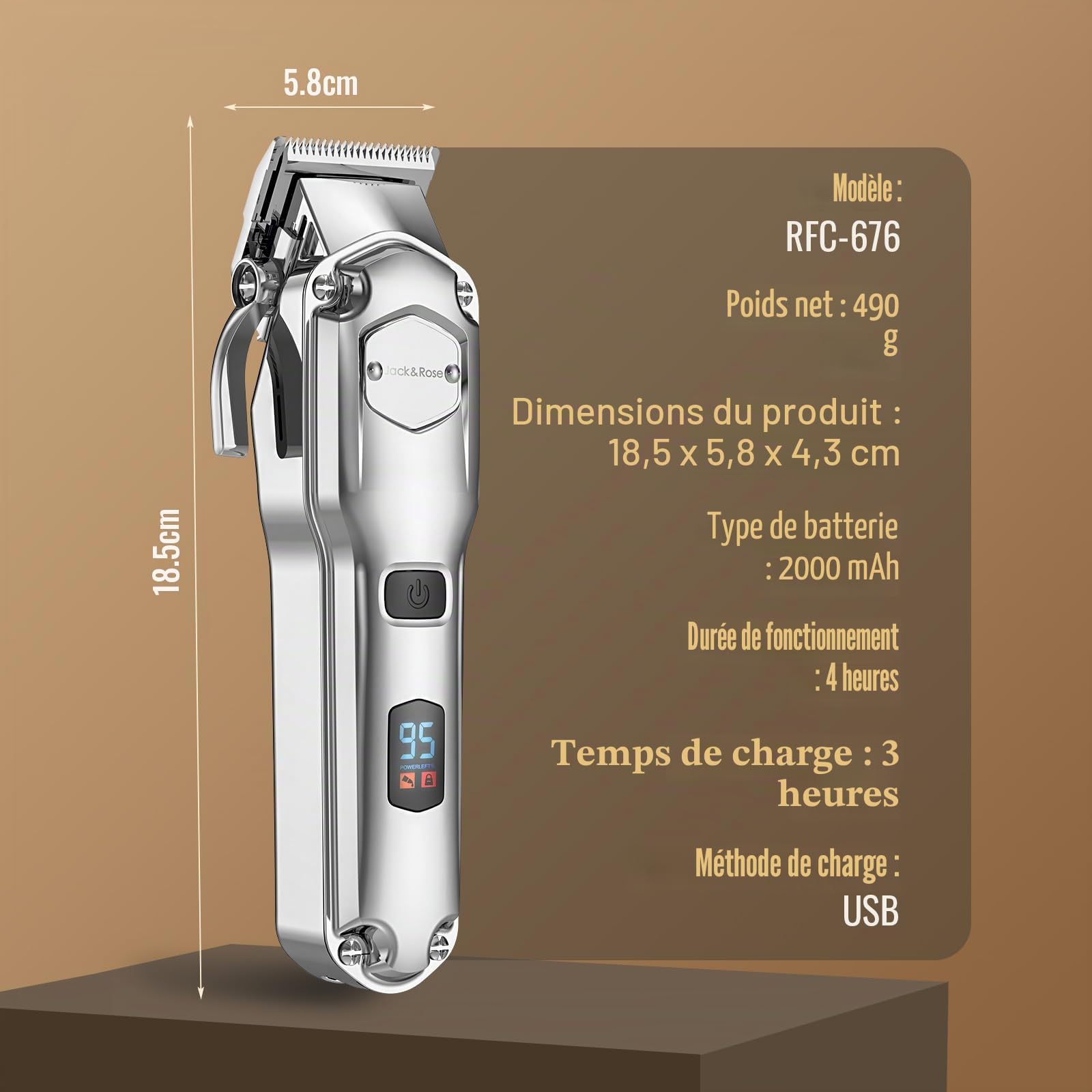 Jack & Rose Tondeuse cheveux hommes, tondeuse à cheveux pro sans Fil, IPX7 Étanche, Recharge USB, Coupe Barbe & Cheveux Homme avec indicateur LED
